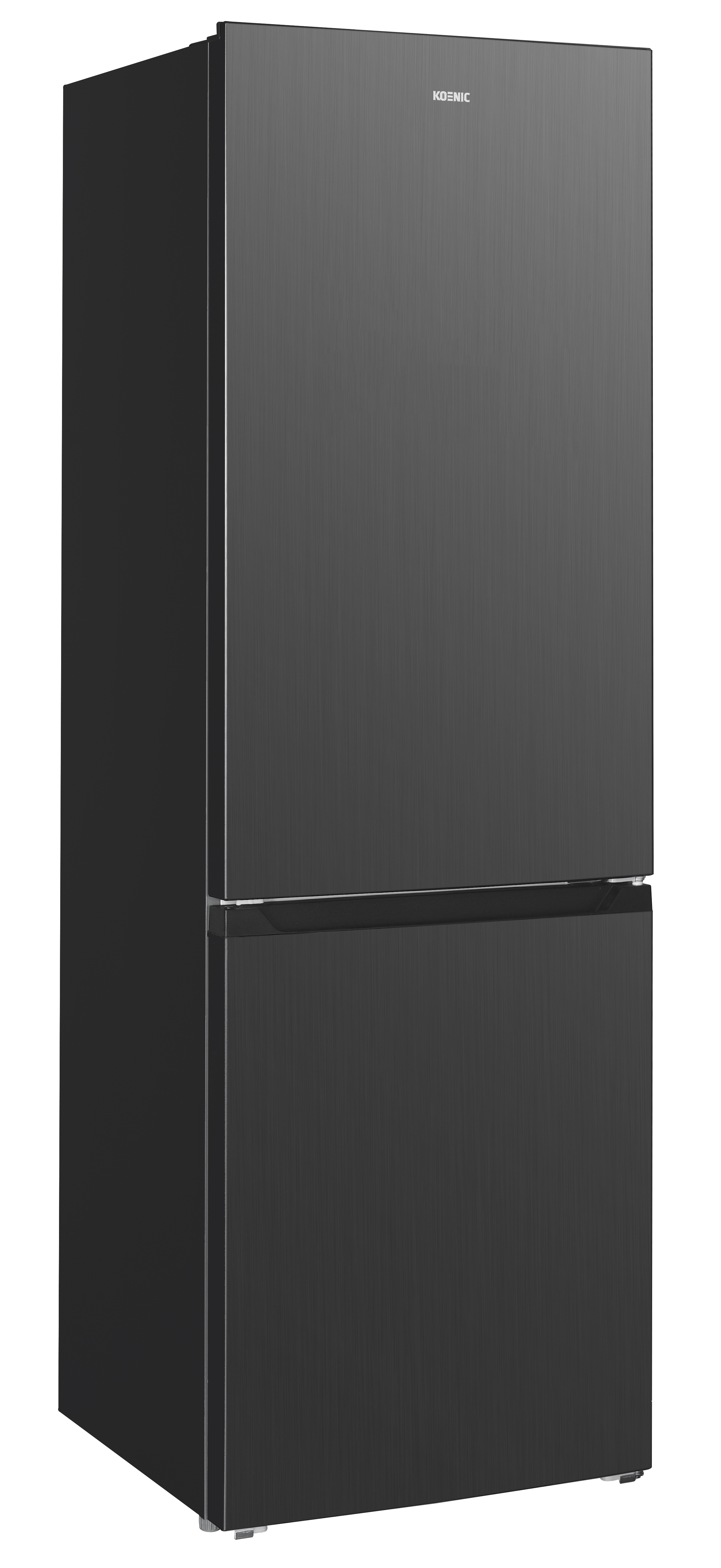 Ein schwarzer Koenic-Kühlschrank. Er hat zwei Türen, eine gebürstete Metalloberfläche und der Markenname ist sichtbar.