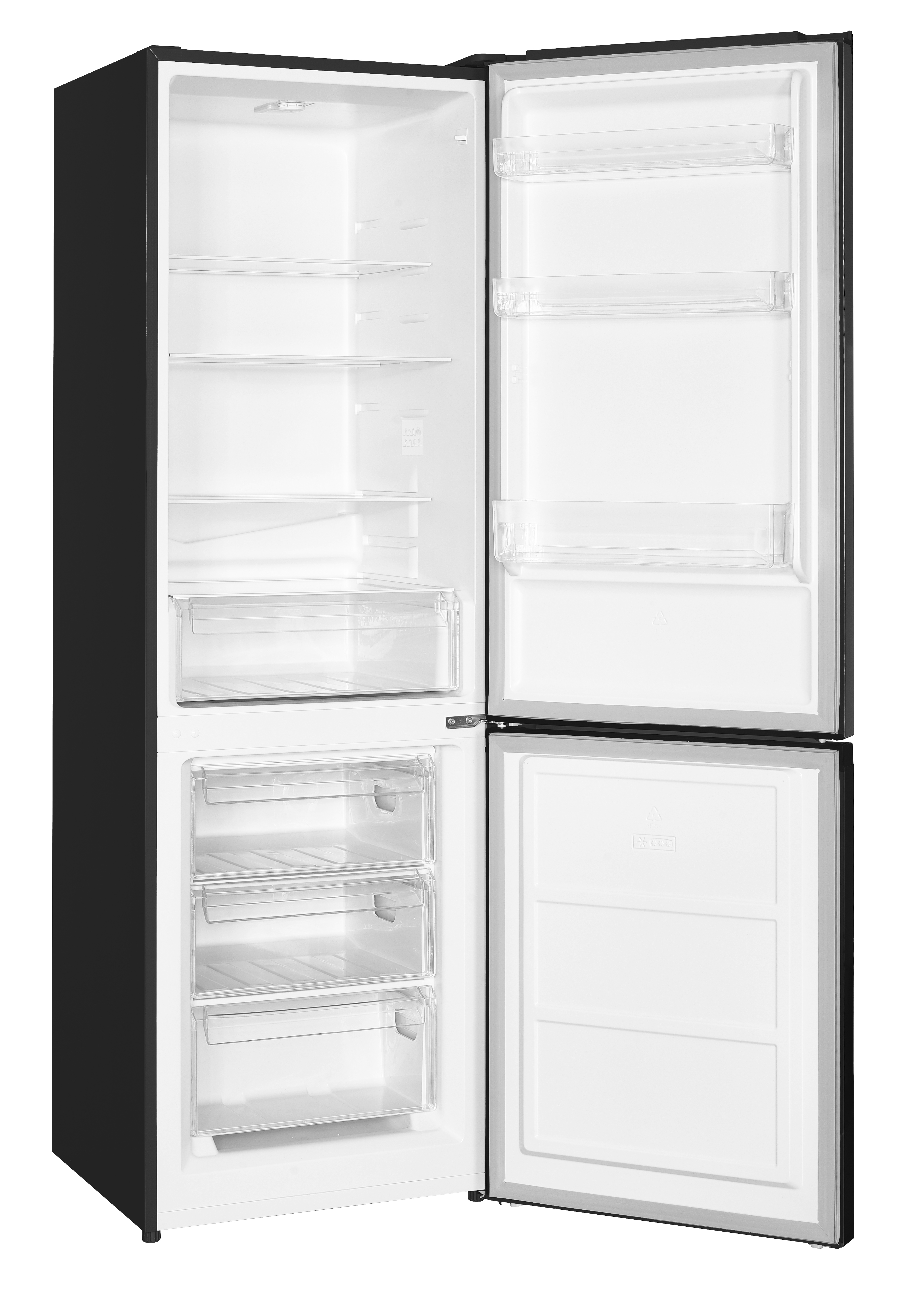 Offener schwarzer Kühlschrank mit weißem Innenraum. Regale, Schubladen sind sichtbar. Türen sind offen.