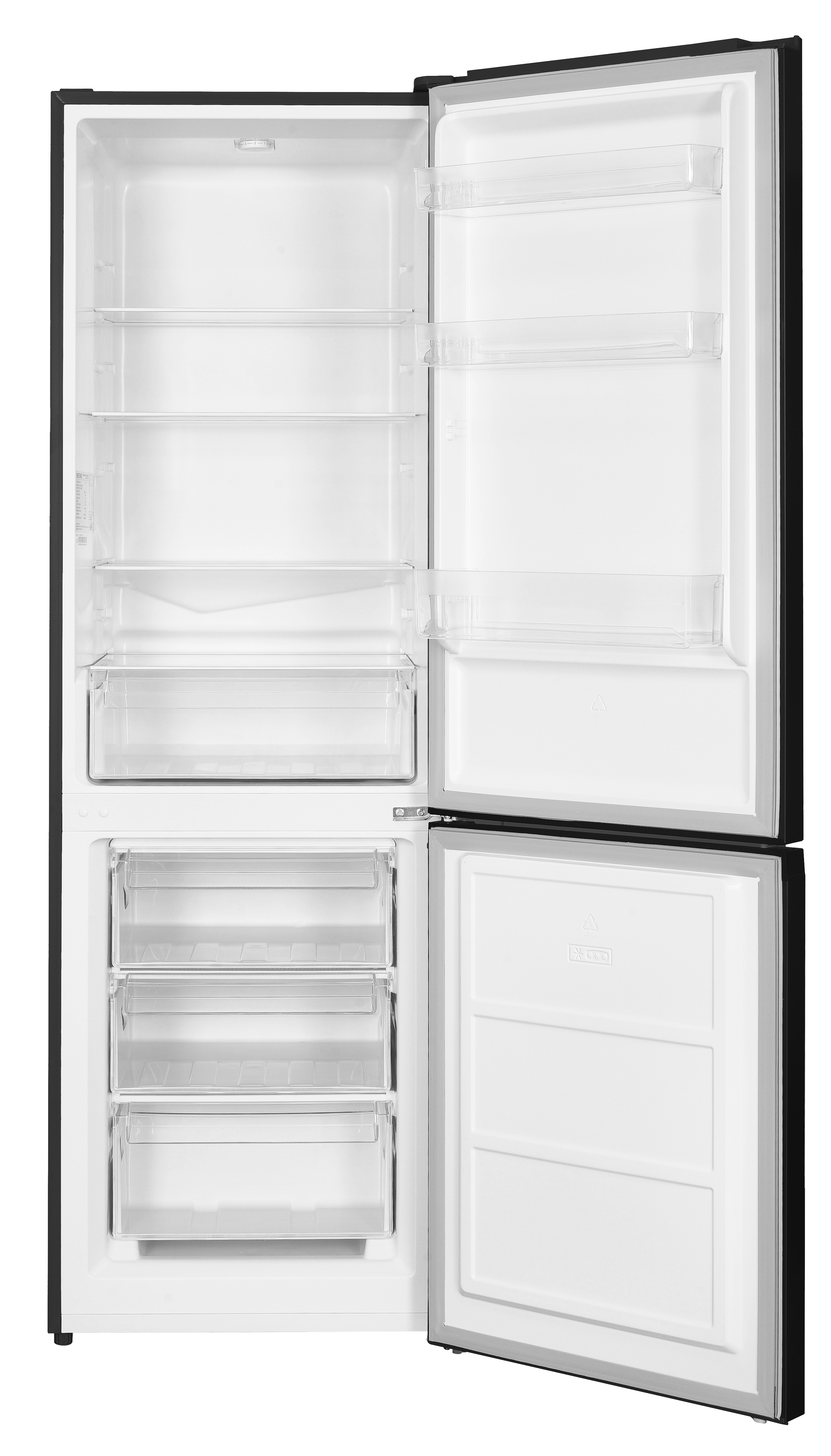 Offener schwarzer Kühlschrank. Im Inneren befinden sich durchsichtige Regale und Schubladen. Die Kühlschranktür ist geöffnet.