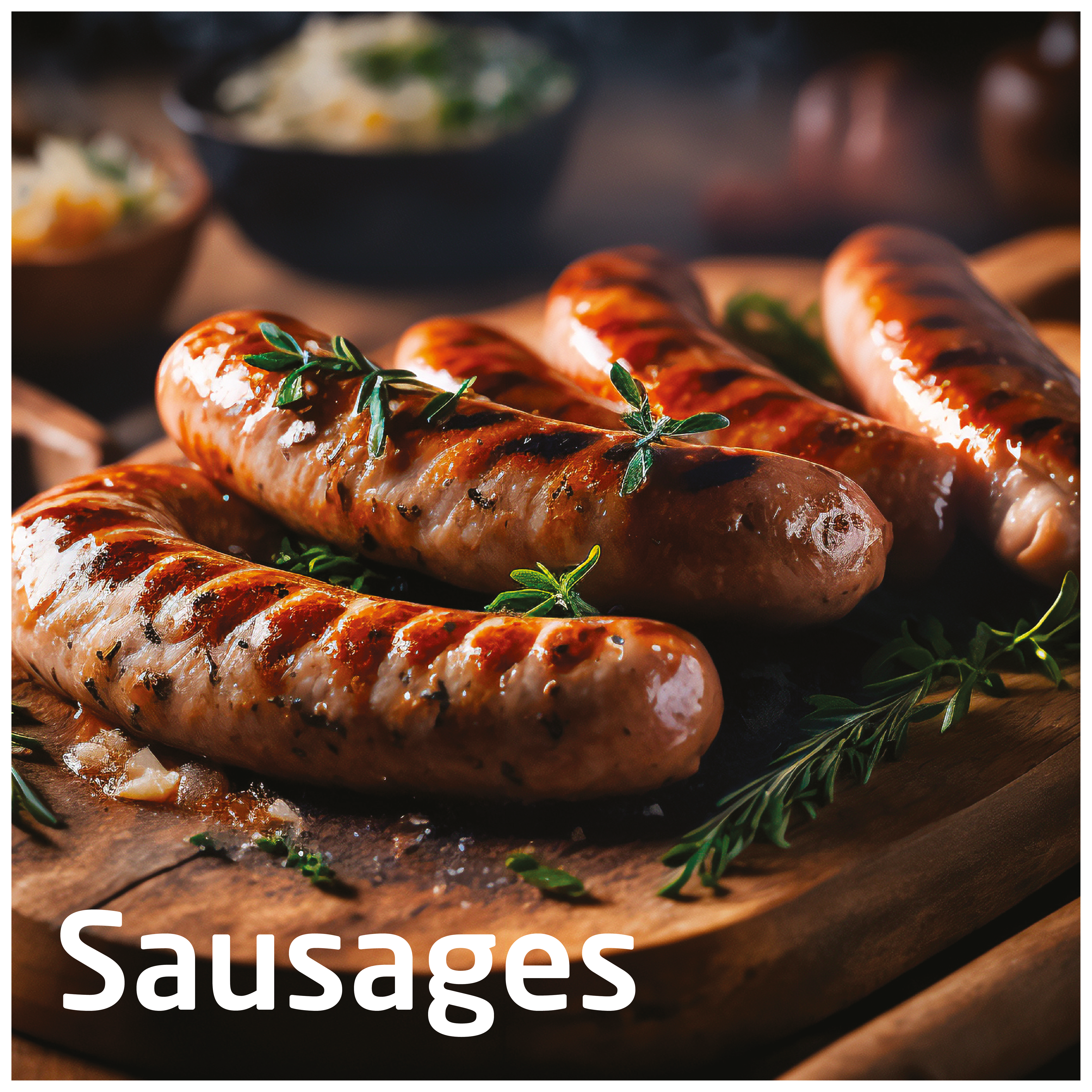 Grillowane kiełbasy na drewnianej desce, udekorowane ziołami. W tle widoczna miska z jedzeniem.