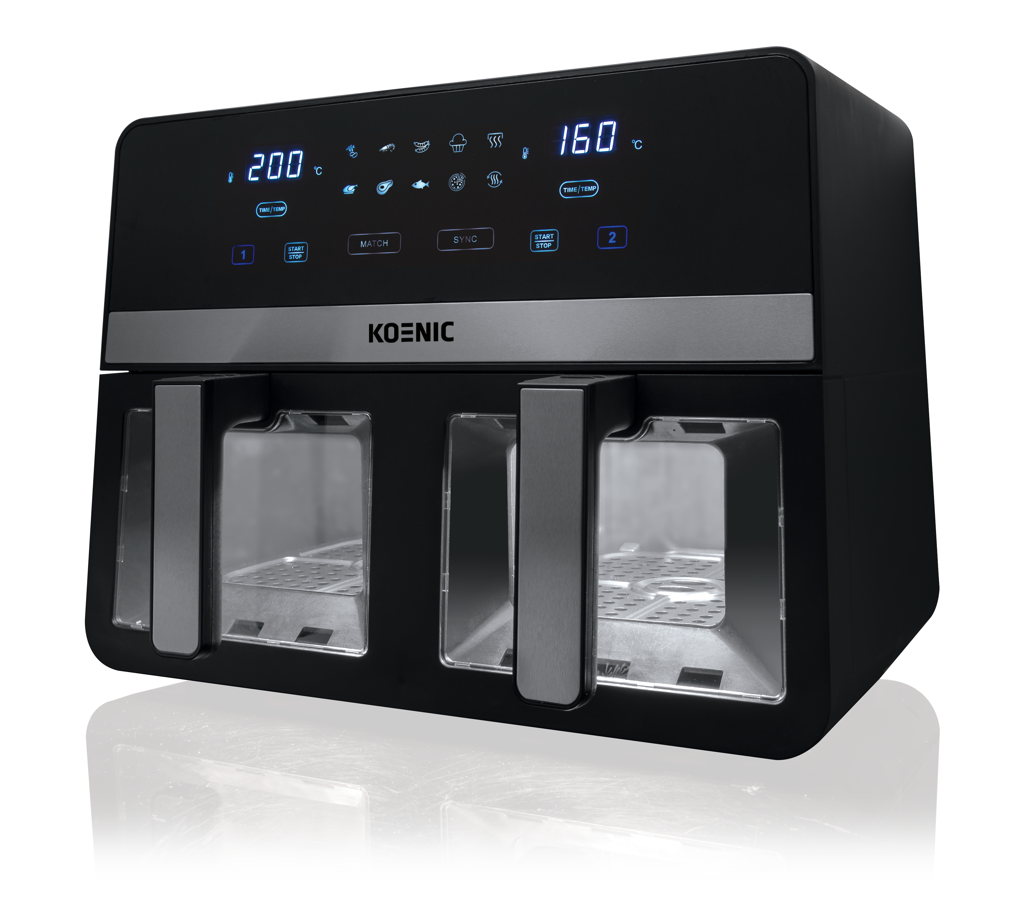 Czarna frytownica beztłuszczowa Koenic z cyfrowym wyświetlaczem. Widoczne dwa pojemniki.