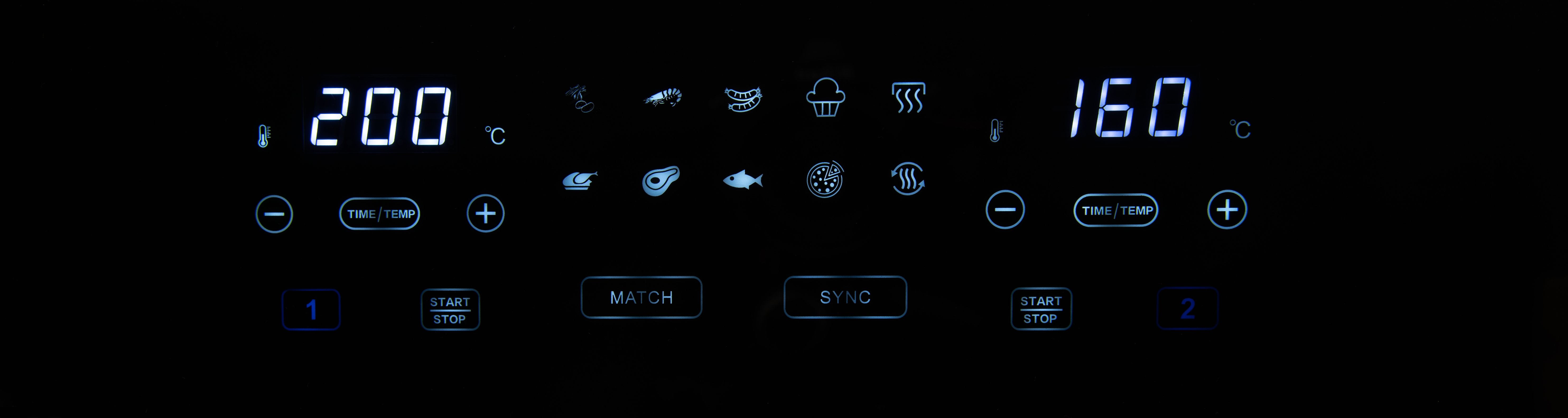 Czarny panel sterowania piekarnika, wyświetlający temperaturę, ikony jedzenia oraz przyciski ustawień.