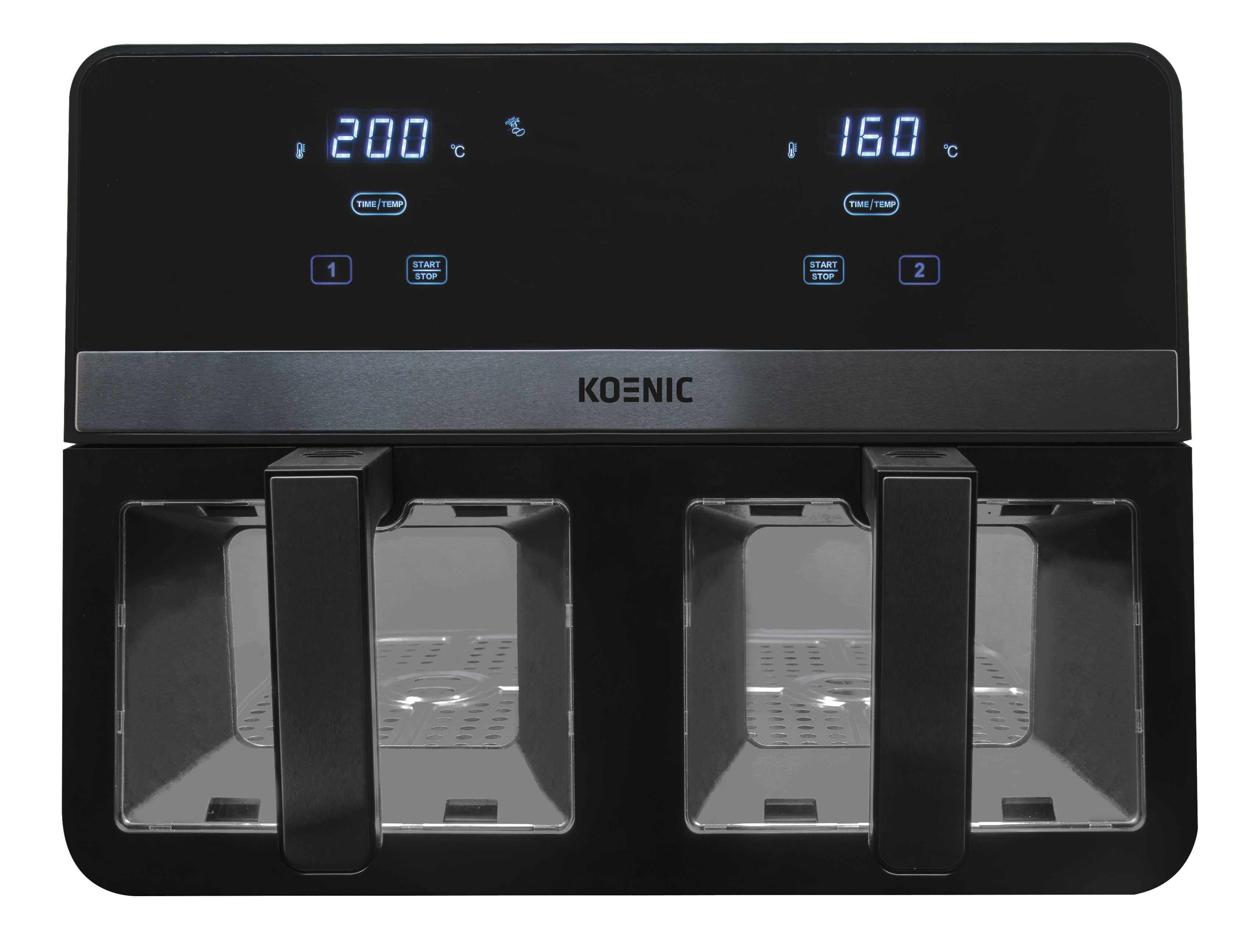 Czarna frytownica beztłuszczowa z dwoma komorami. Wyświetlacze pokazują temperatury 200°C i 160°C. Marka to KOENIC.