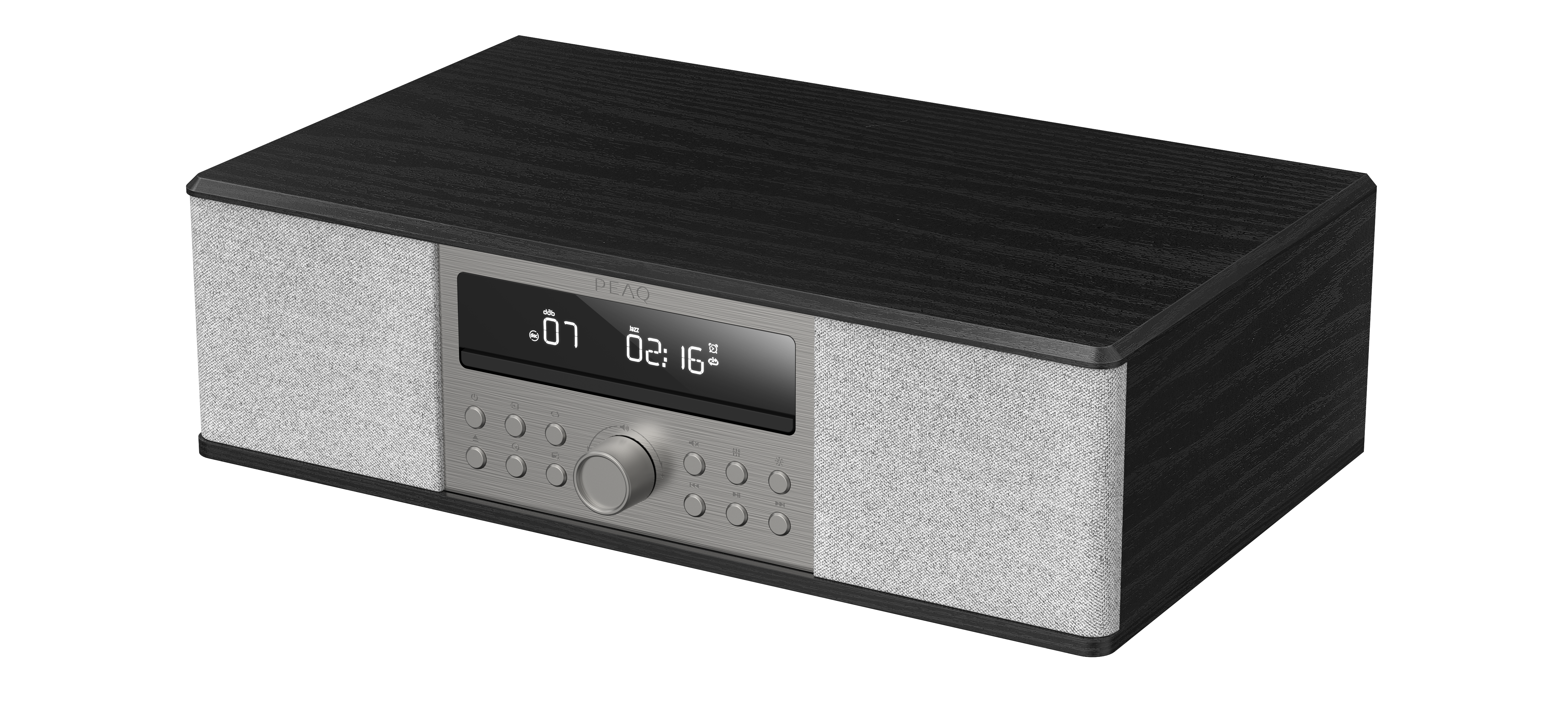 Czarny i szary system audio. Ma drewniany blat i boki z materiałowymi osłonami głośników i wyświetlaczem cyfrowym.