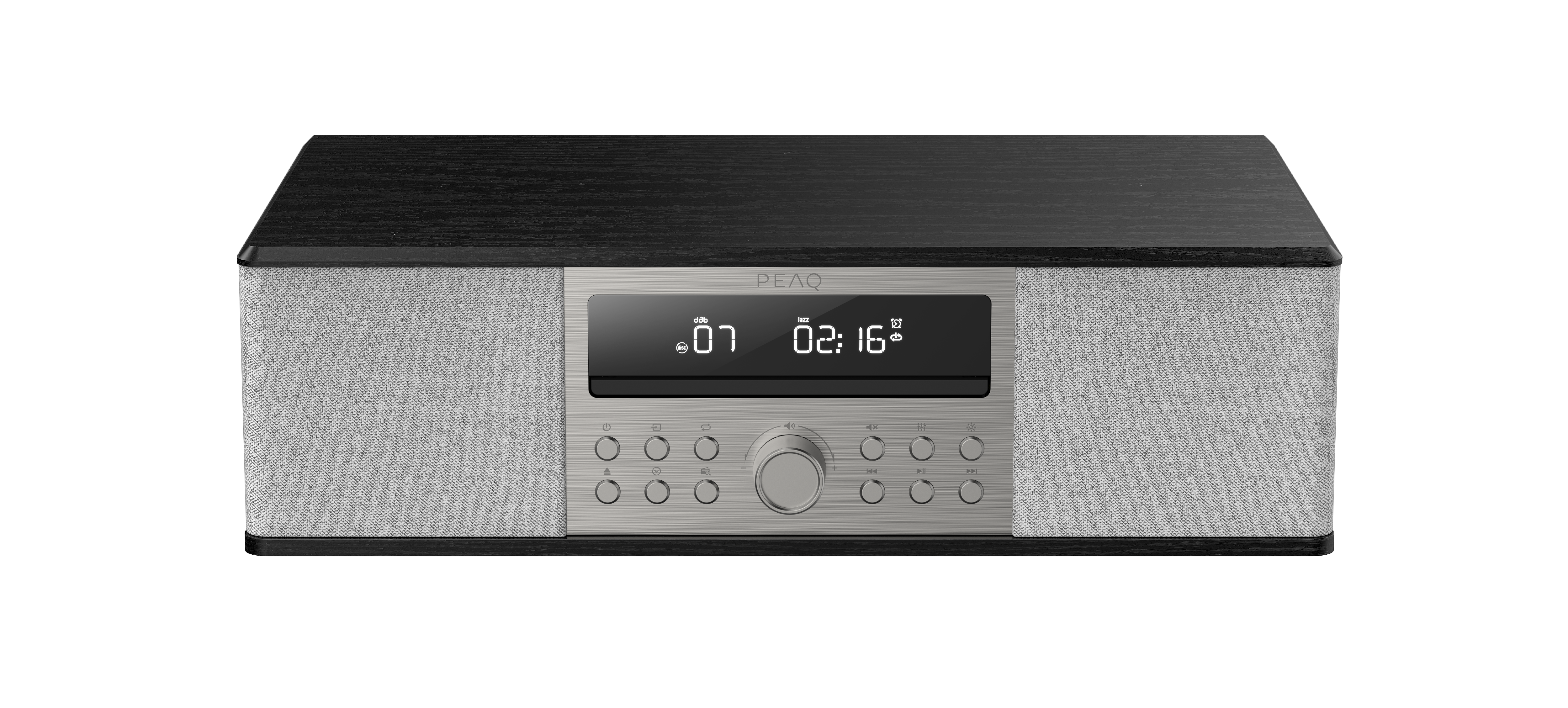 Radio PEAQ z czarnym drewnianym blatem i szarym przodem. Wyświetla godzinę i ma przyciski oraz pokrętło głośności.
