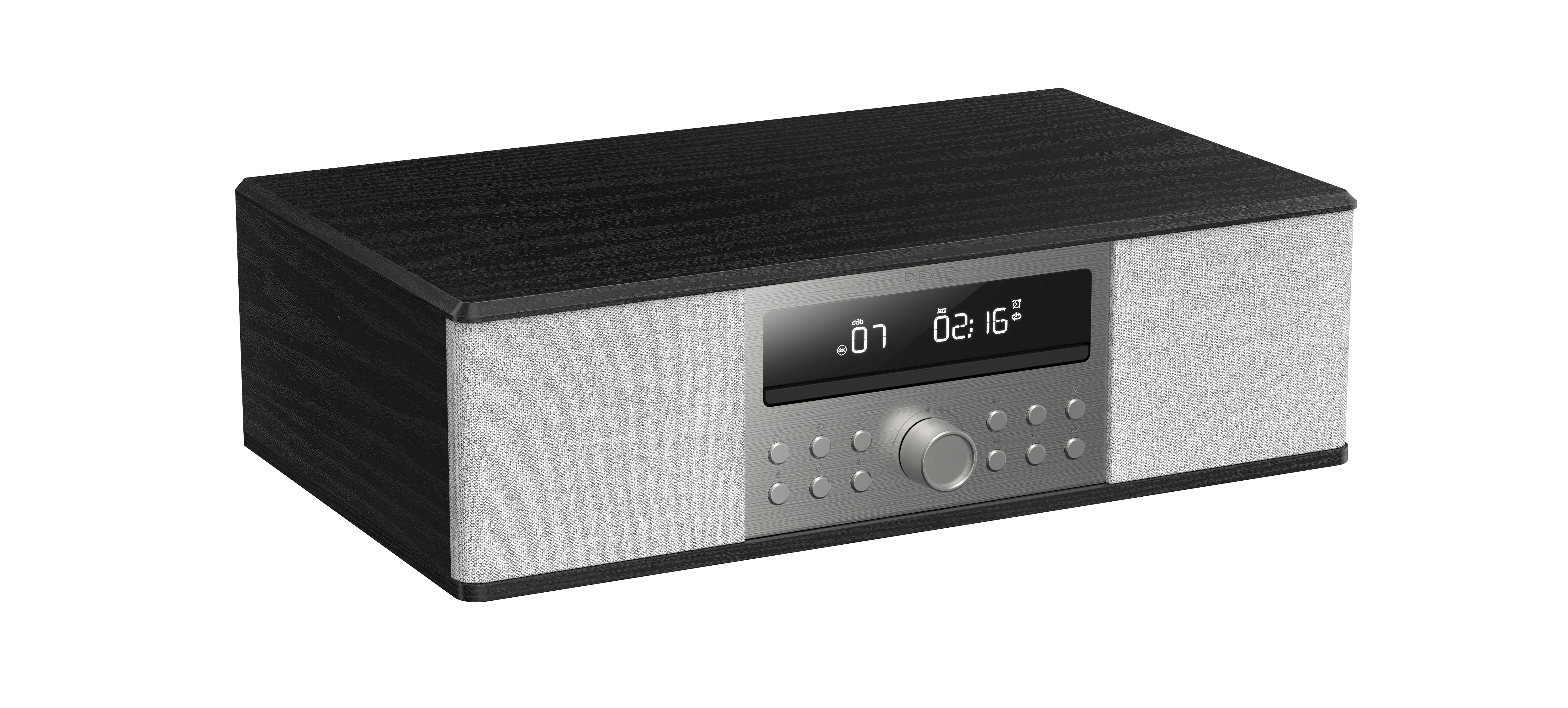 Czarny i srebrny system stereo z wyświetlaczem czasu. Posiada materiałowe boki i kilka przycisków.