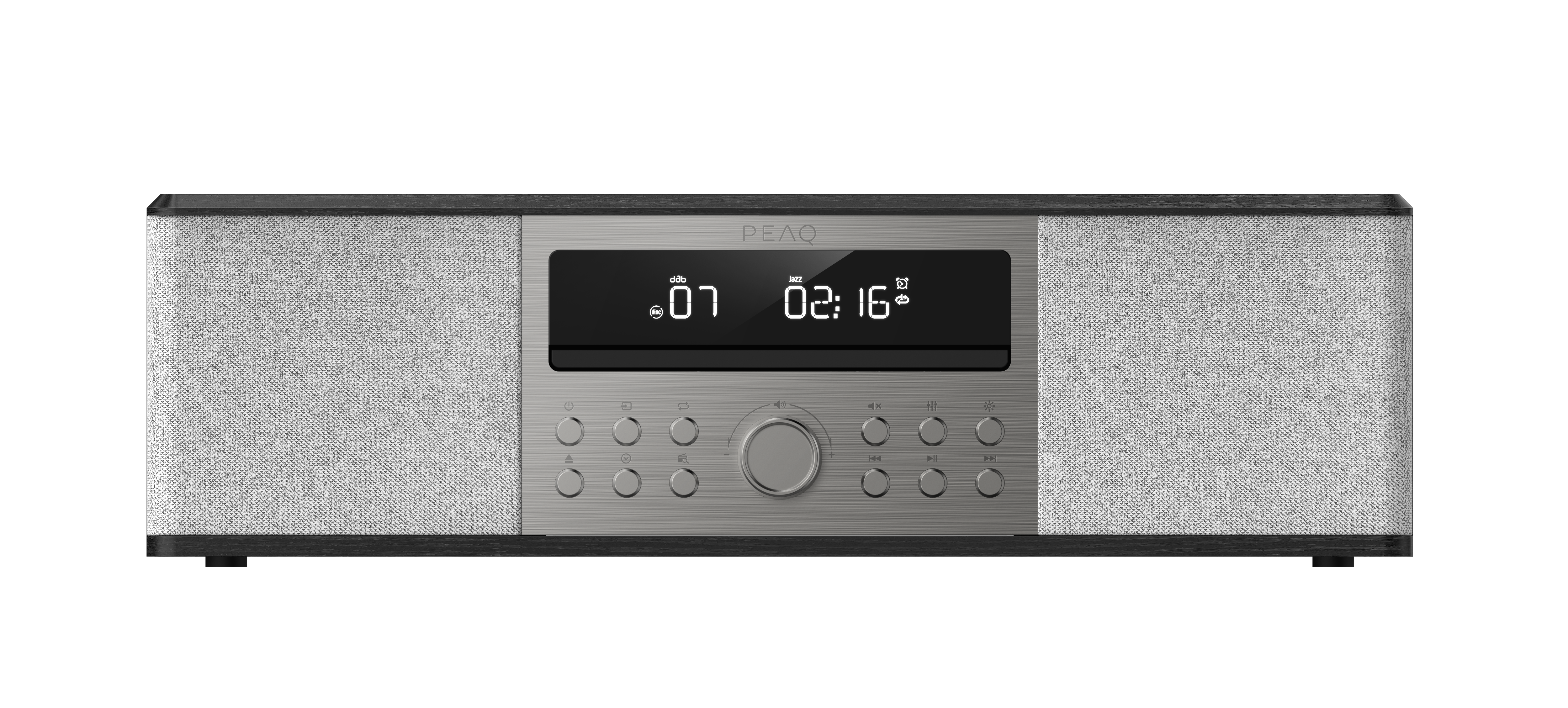 Srebrny i szary system stereo z cyfrowym wyświetlaczem pokazującym czas i informacje radiowe. Posiada przyciski i pokrętła.