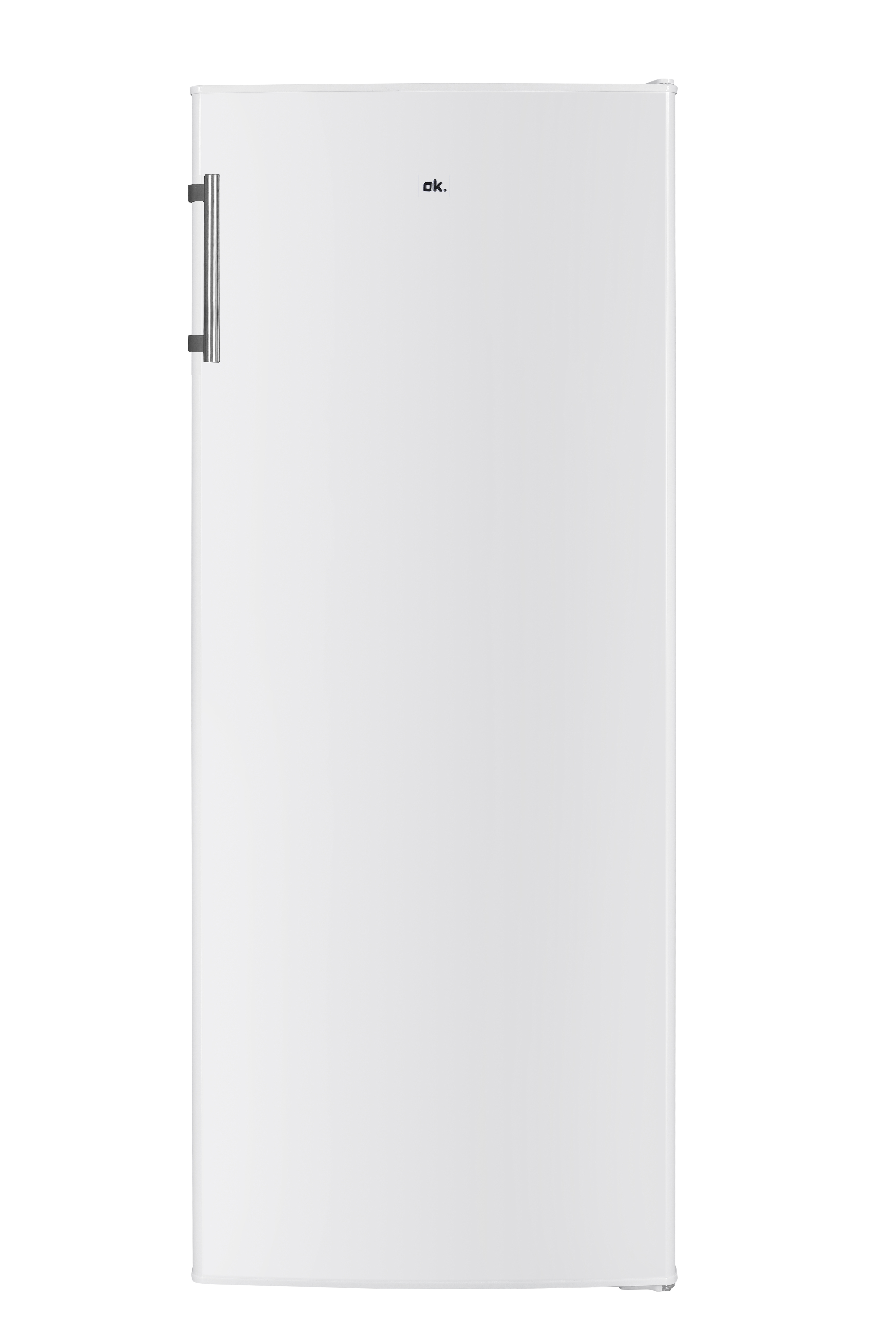 Ein weißer Kühlschrank mit silberfarbenem Griff. Die Marke 'ok.' ist oben aufgedruckt. Es hat ein schlichtes Design.