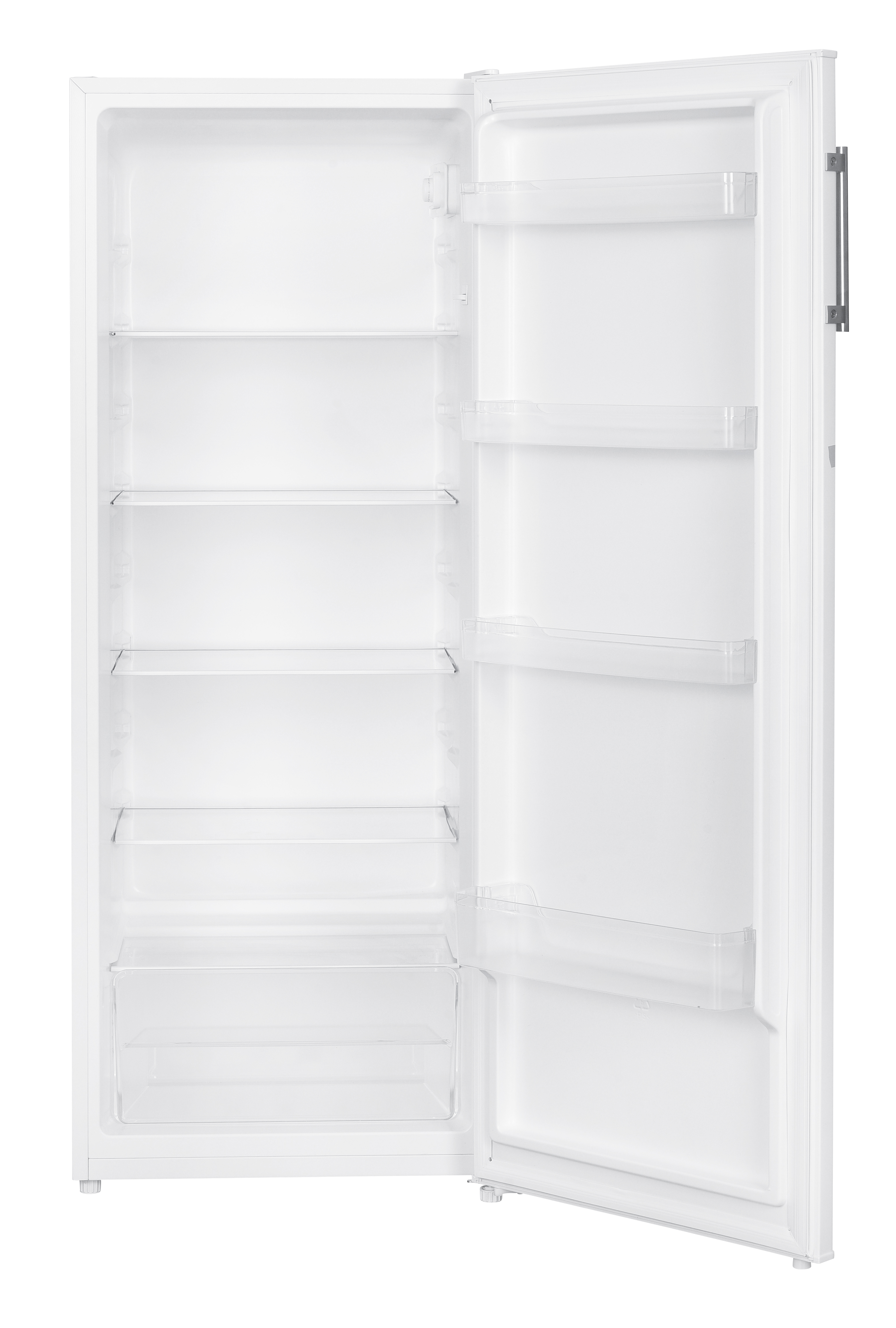 Un refrigerador blanco abierto. En el interior, se ven estantes y compartimentos. La puerta está entreabierta.