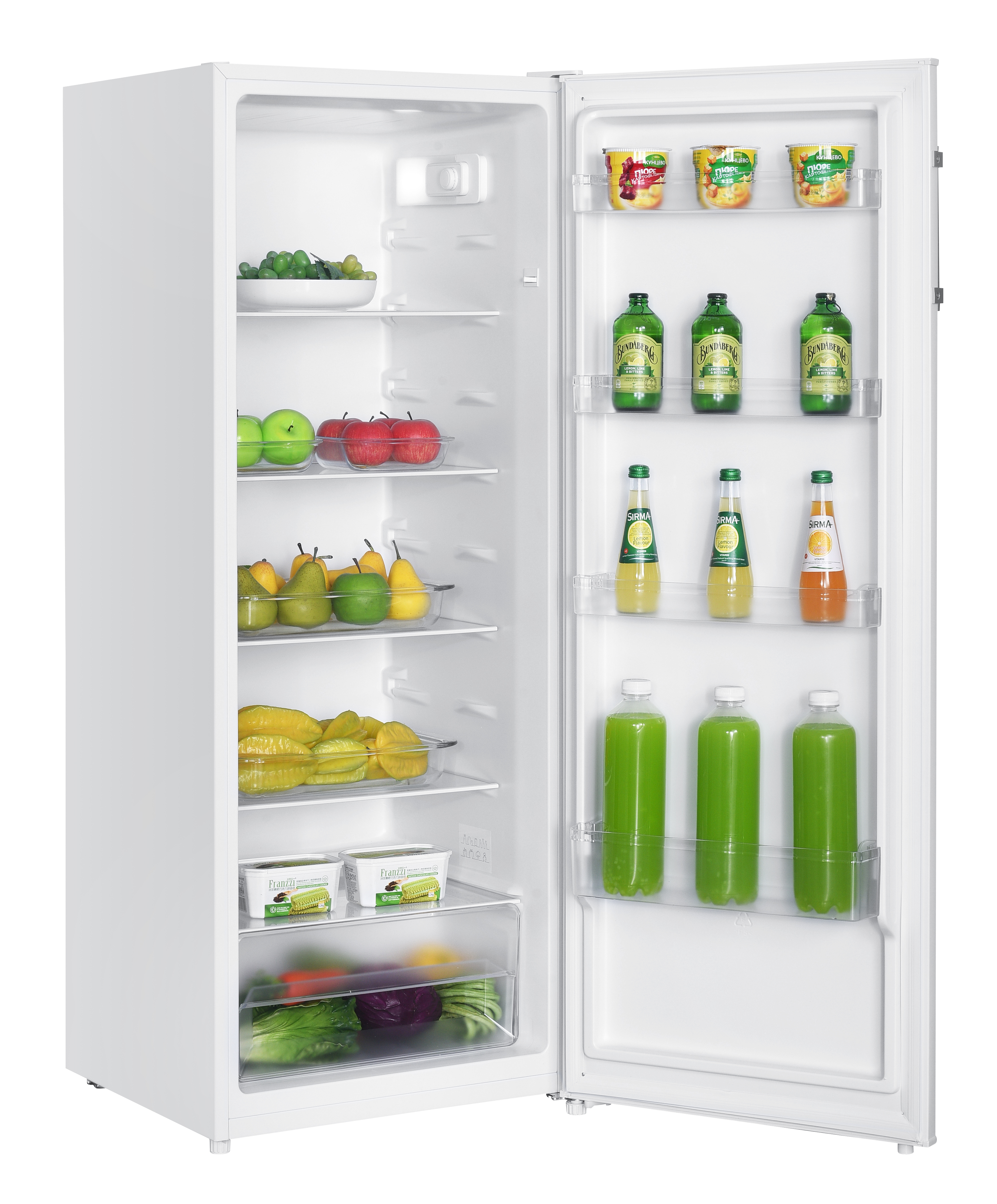 Refrigerador abierto lleno de frutas, verduras, bebidas y yogur. Los artículos están en estantes.