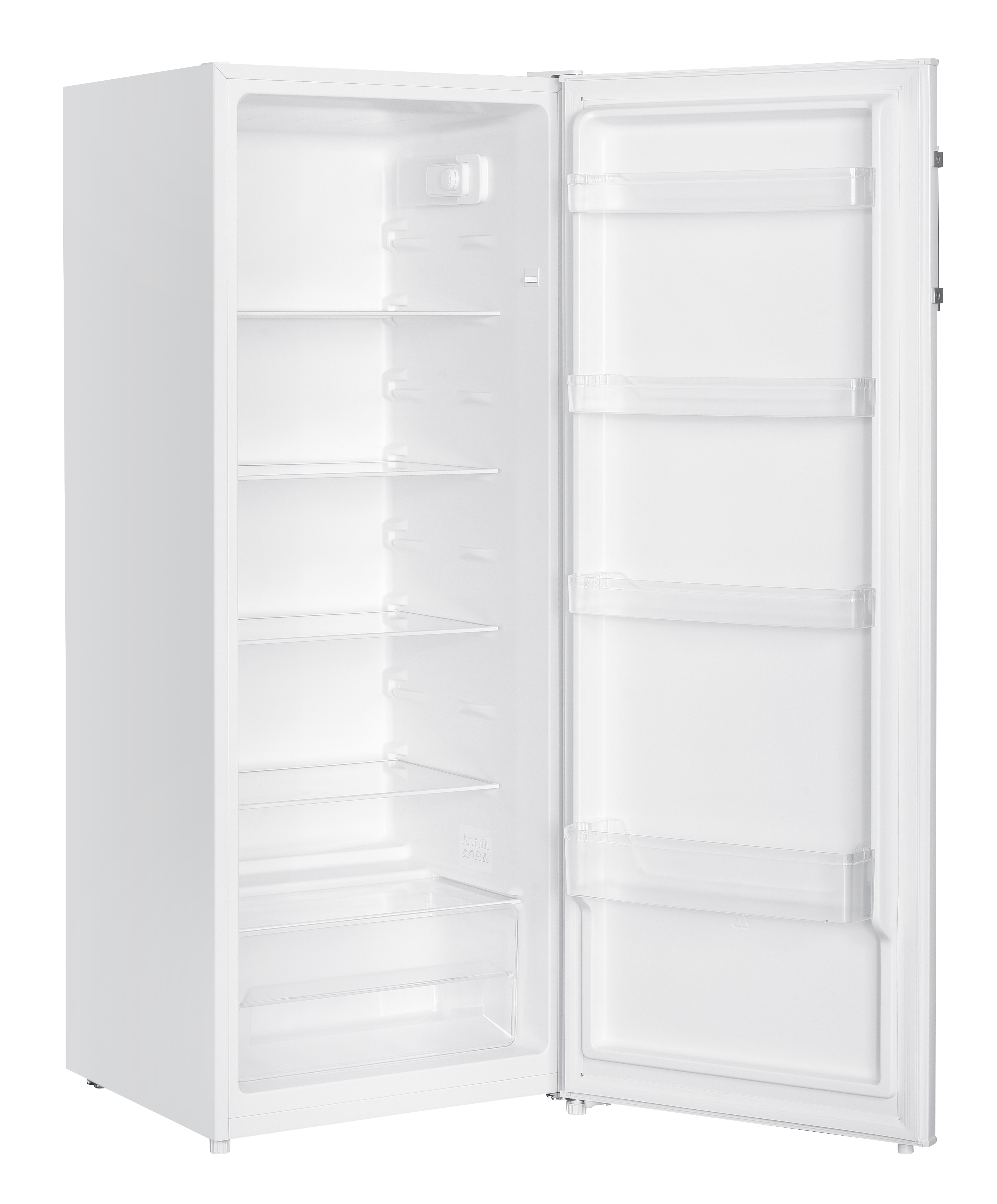 Ein weißer Kühlschrank mit geöffneter Tür, der Regale und Staufächer im Inneren zeigt. Der Hintergrund ist weiß.