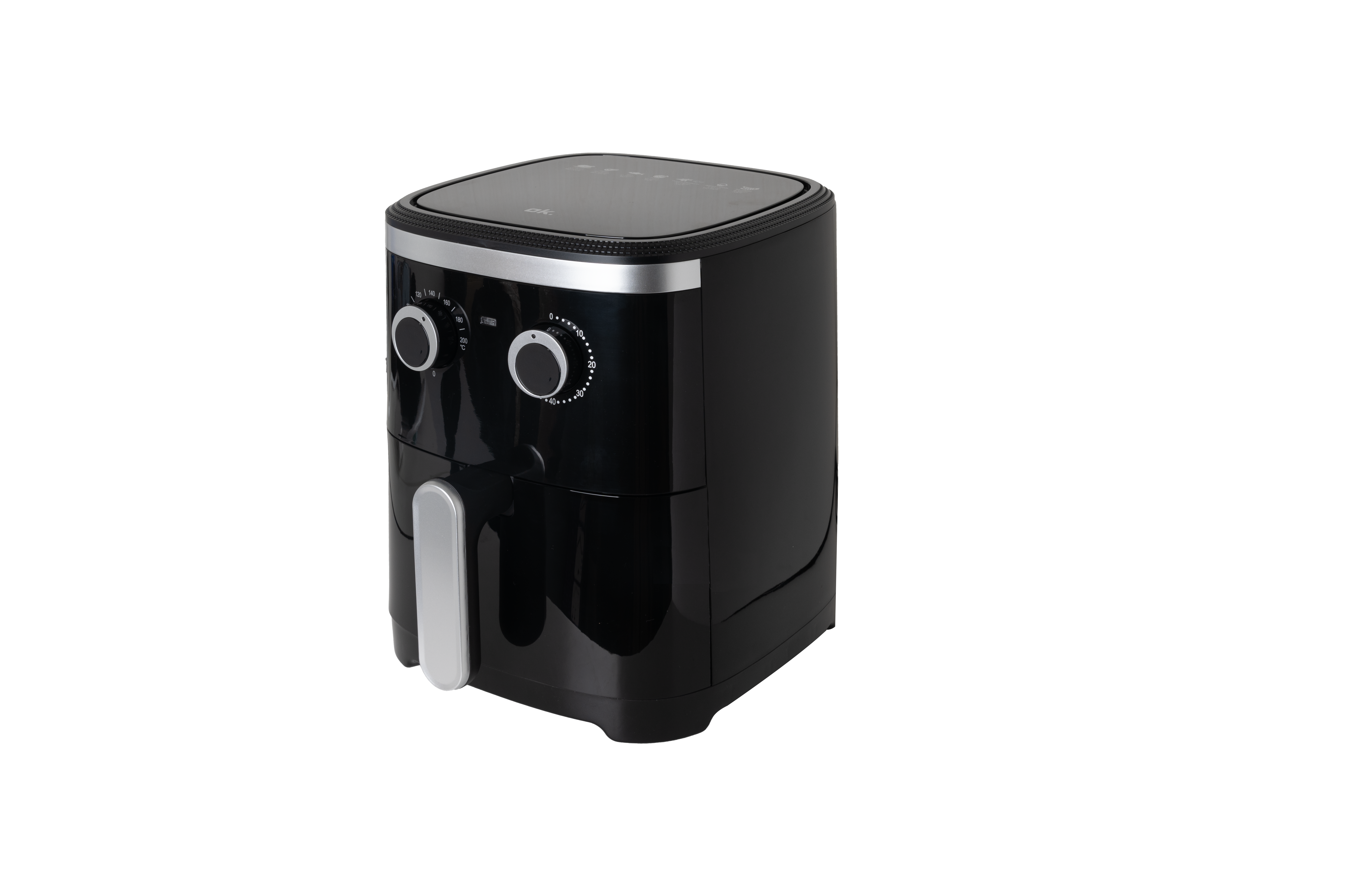 Ein schwarzer Airfryer mit silbernen Akzenten. Es hat zwei Drehregler, einen Griff und ein digitales Display. Gegen weiß.