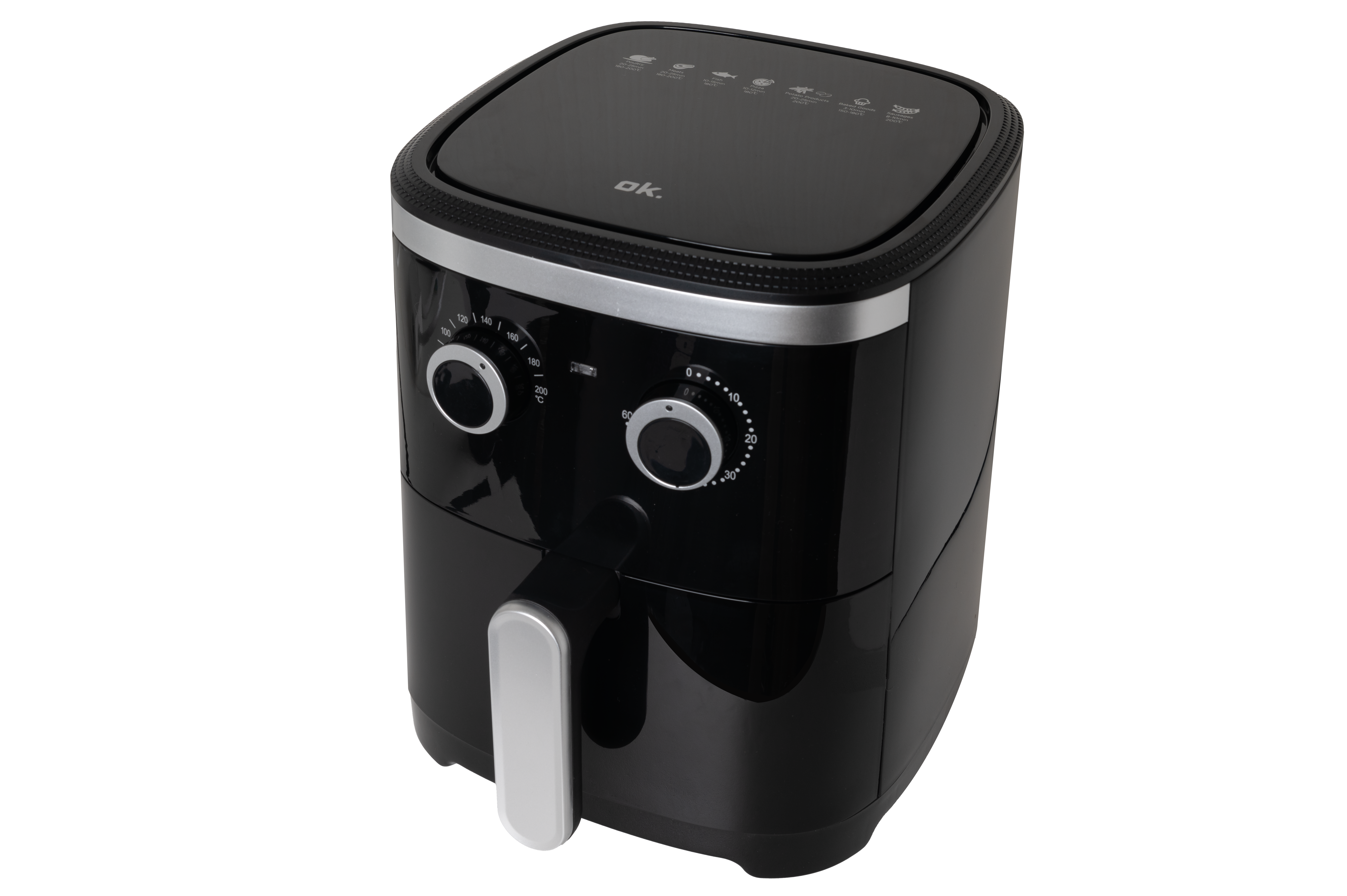 Ein schwarzer Airfryer mit silbernen Akzenten. Er hat zwei Bedienknöpfe, einen Griff und ein digitales Display oben. Die Marke ist ok.