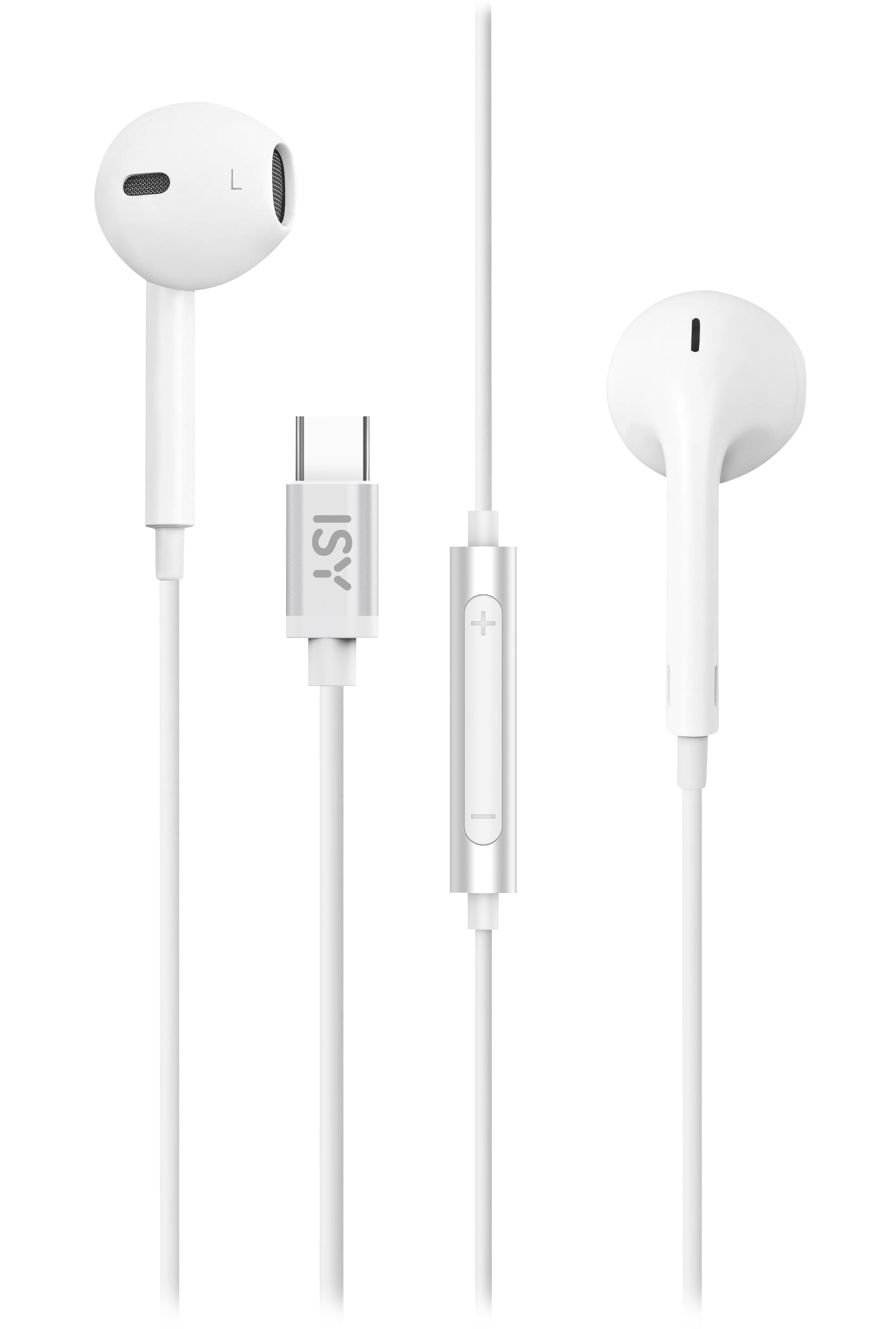 Weiße Ohrhörer mit USB-C-Anschluss und Inline-Bedienelementen auf weißem Hintergrund.