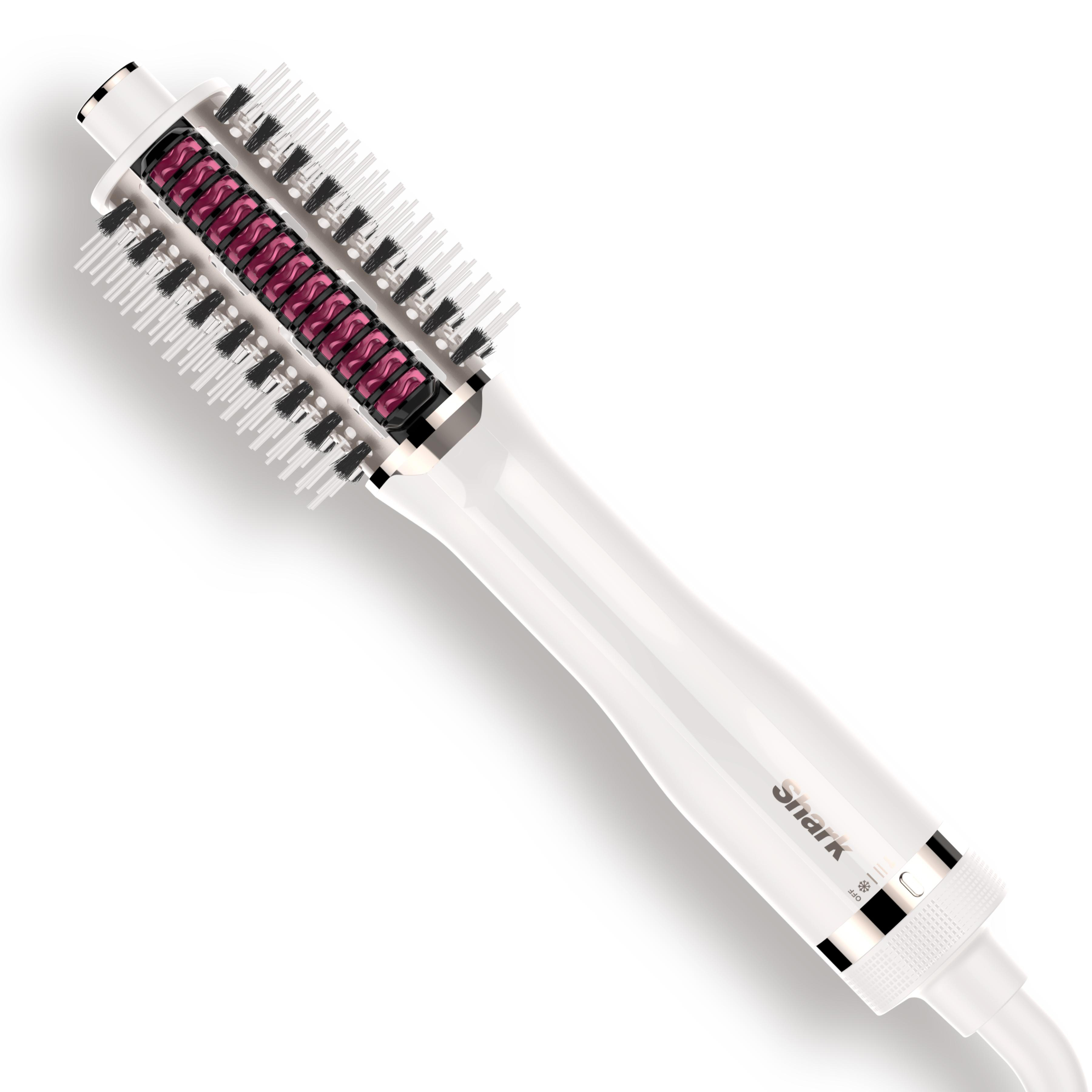 Ein weißer Shark-Haarstyler. Er hat einen runden Bürstenkopf mit schwarzen und weißen Borsten und einen weißen Griff.