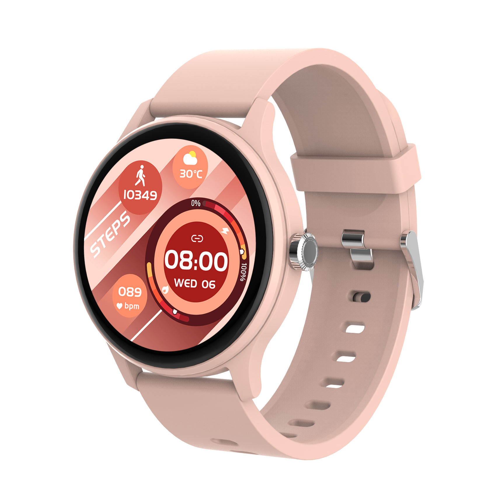 Eine roségoldene Smartwatch zeigt Zeit, Schritte und Herzfrequenz an. Sie hat ein rundes Zifferblatt mit passendem Armband.