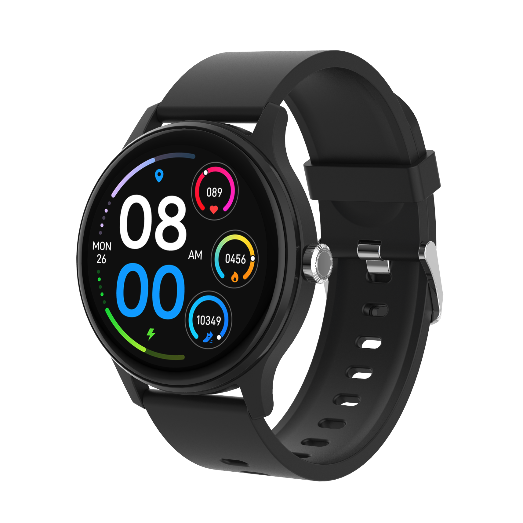 Schwarze Smartwatch mit rundem Bildschirm, der Zeit und Gesundheitsdaten anzeigt, auf weißem Hintergrund.