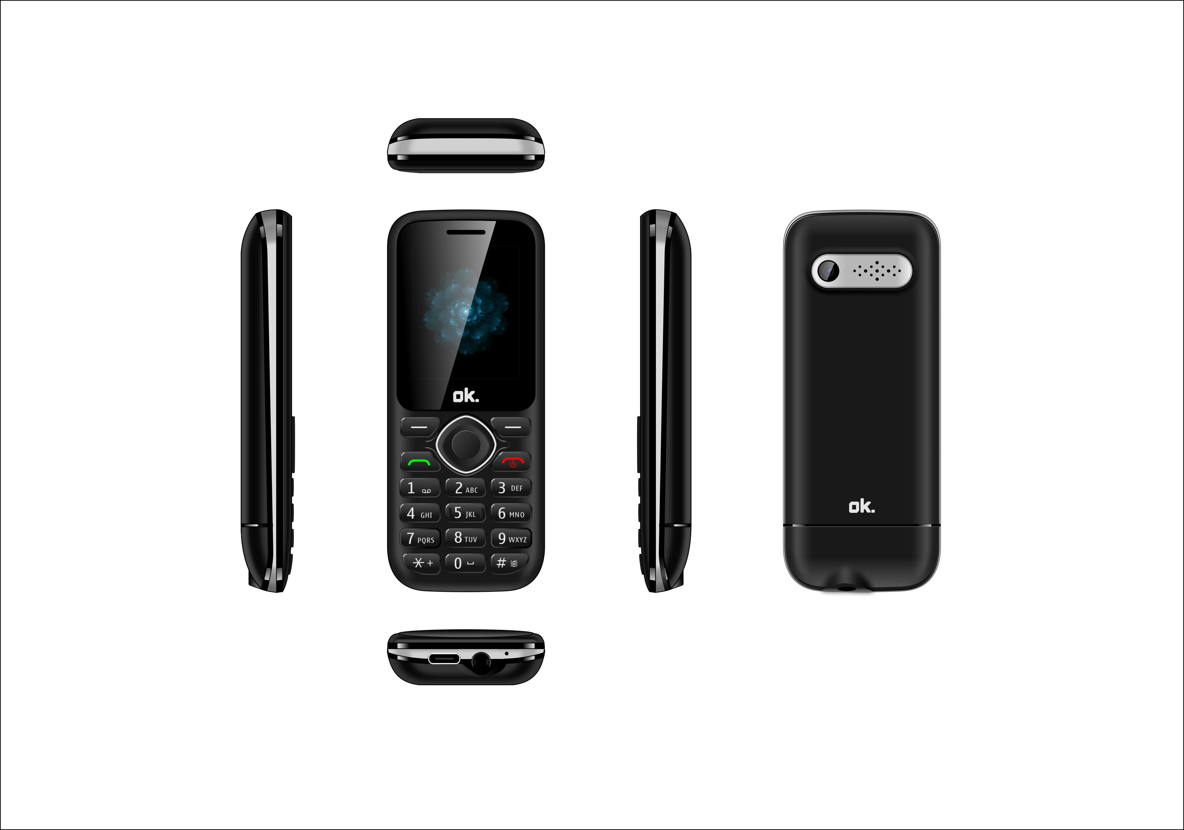 Ein schwarzes 'ok.'-Telefon wird aus mehreren Blickwinkeln gezeigt. Es hat einen Bildschirm, eine Tastatur und einen Lautsprecher.