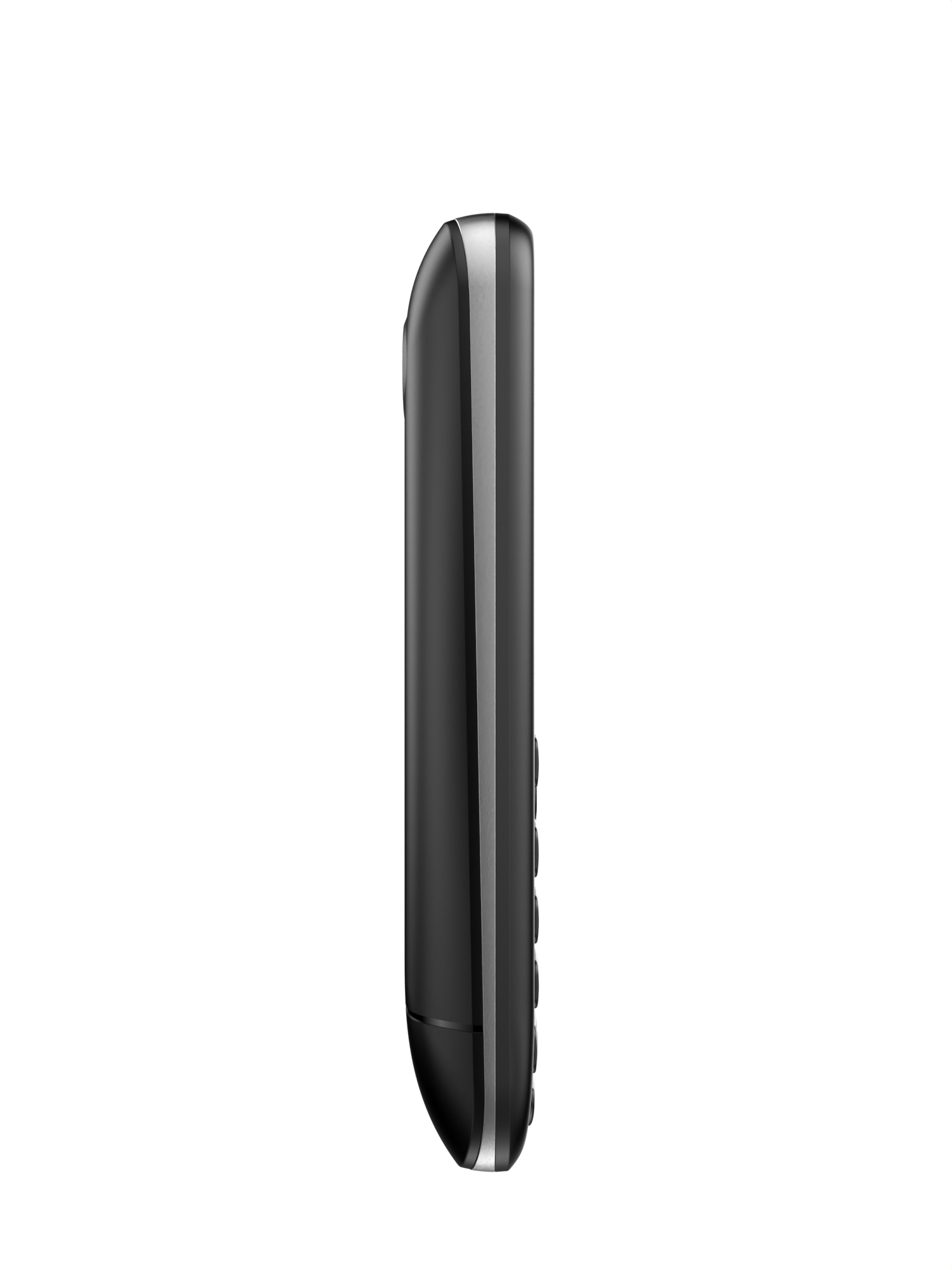 Seitenansicht eines schwarzen Mobiltelefons. Es hat eine silberne Linie an der Seite und eine Tastatur ist sichtbar.