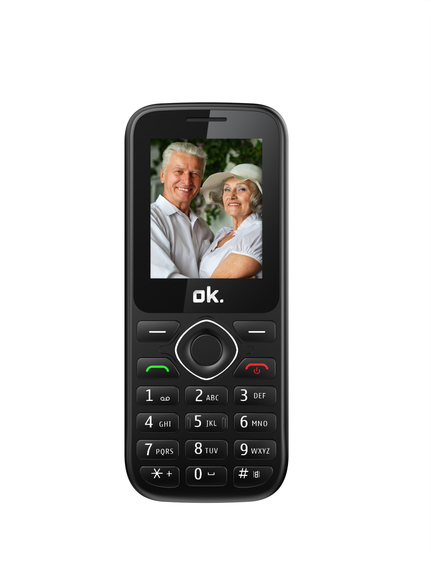 Schwarzes Telefon mit Foto eines älteren Ehepaares. Es hat eine Tastatur und einen Bildschirm mit dem Bild.