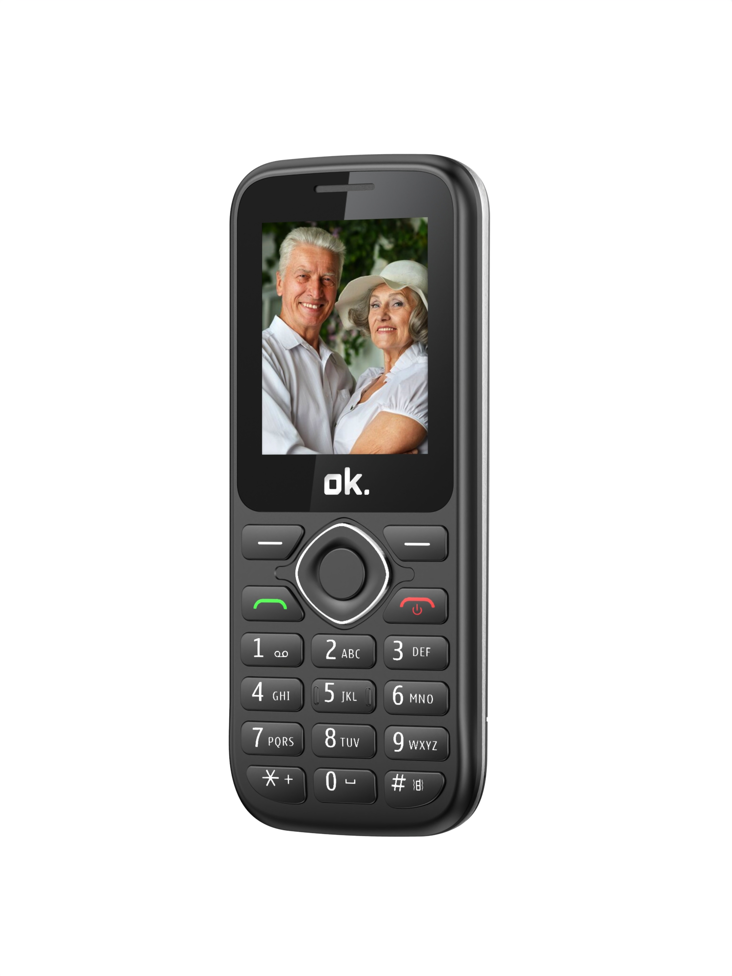 Schwarzes Mobiltelefon mit einem Bildschirm, der ein älteres Ehepaar zeigt. Es hat Tasten und eine zentrale Navigationstaste.