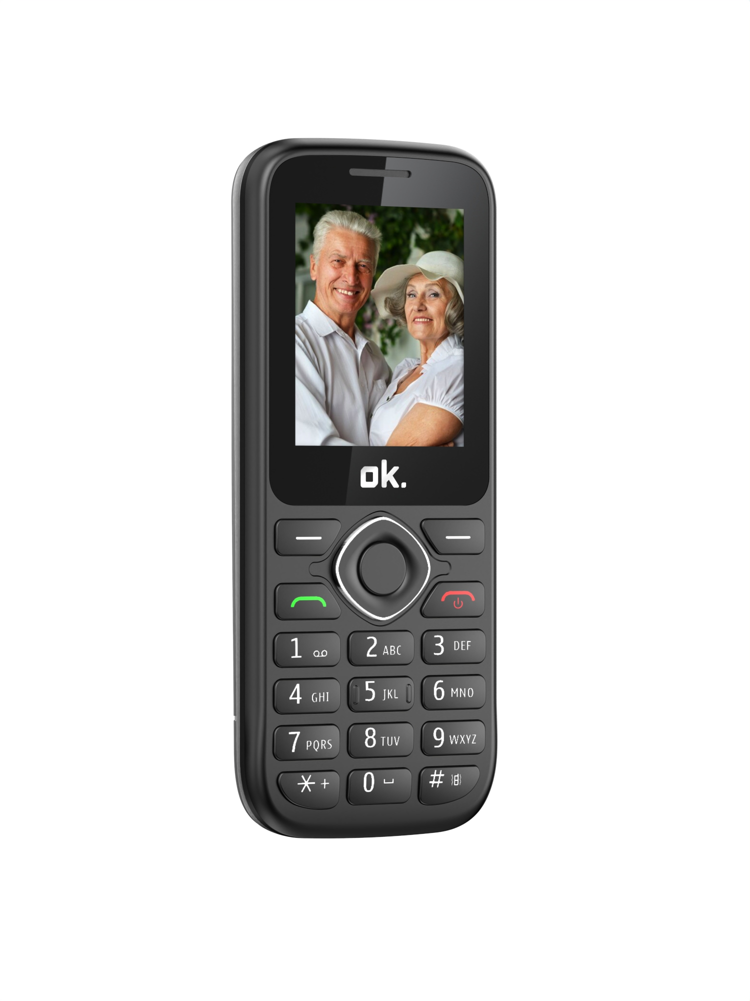 Schwarzes Handy mit einem Bildschirm, der ein älteres Ehepaar zeigt. Es hat eine Tastatur mit Zahlen und Funktionstasten.