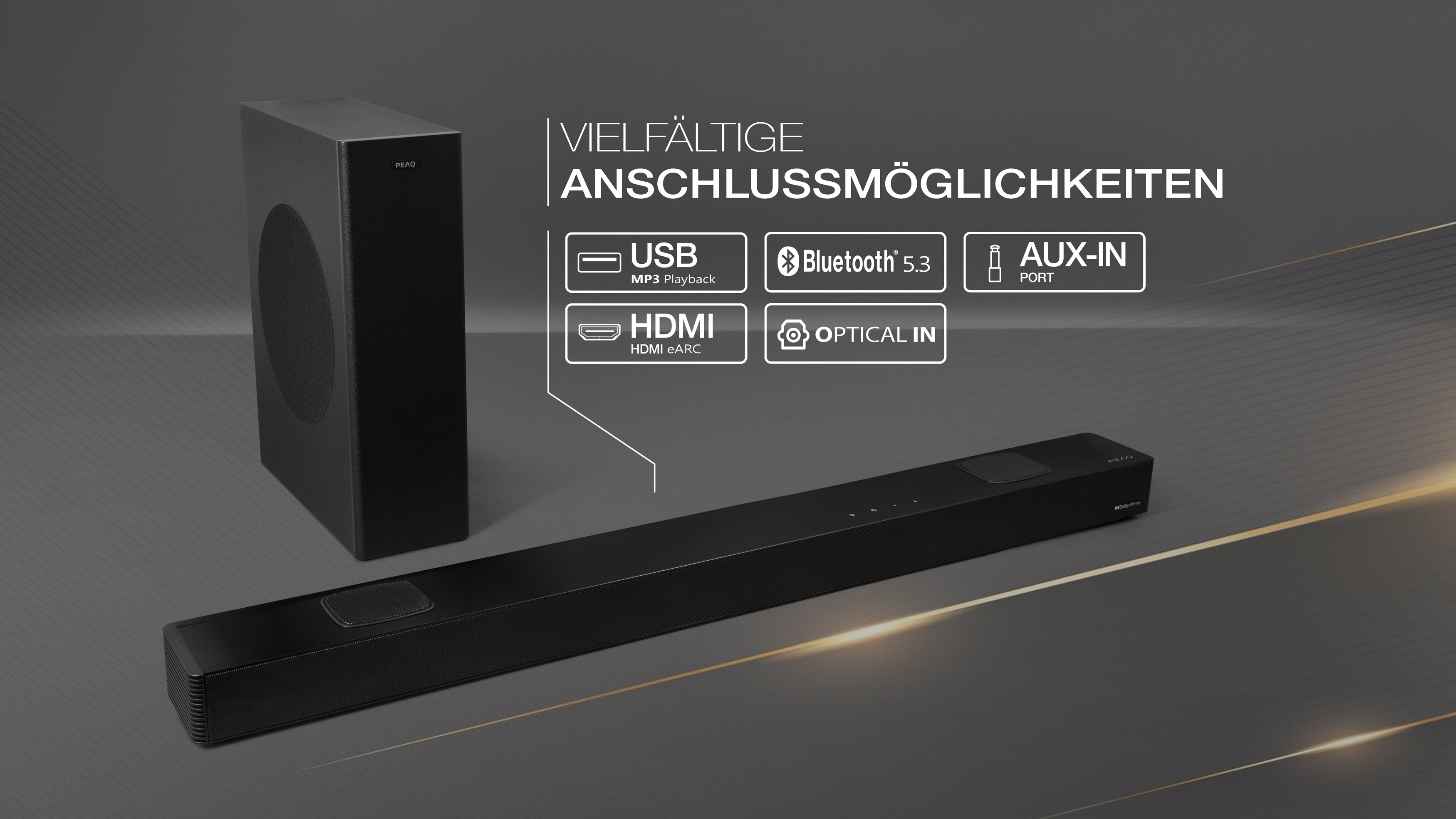 Schwarze Soundbar und Subwoofer. Konnektivitätsoptionen: USB, Bluetooth, AUX-IN, HDMI und Optical In. Marke PEAQ.