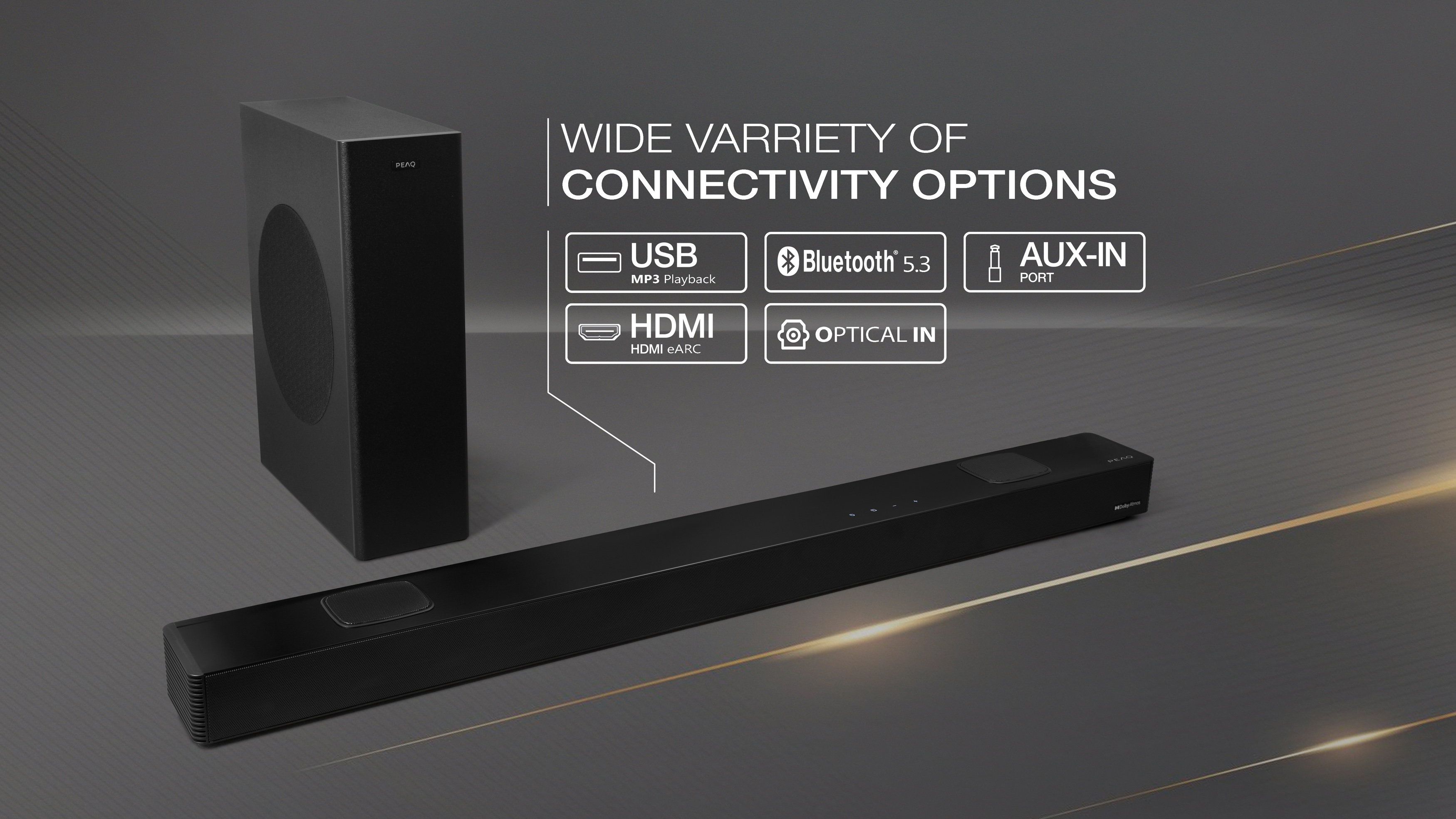 Ein schwarzer Soundbar und Subwoofer mit Anschlussmöglichkeiten: USB, Bluetooth, AUX-IN, HDMI und Optical In.