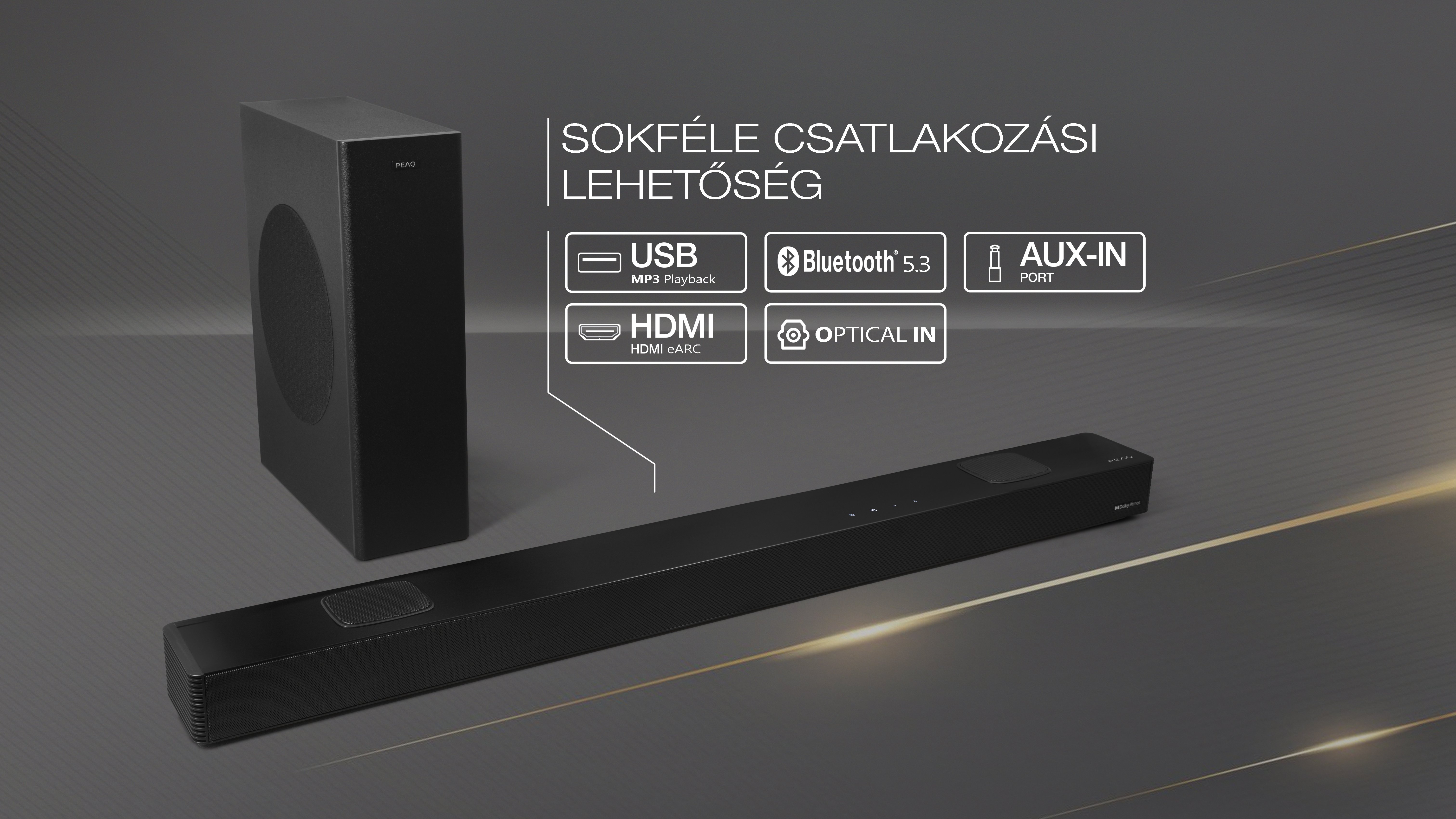 Ein schwarzer Soundbar und Subwoofer. Konnektivitätsoptionen sind USB, Bluetooth, HDMI und optischer Eingang.