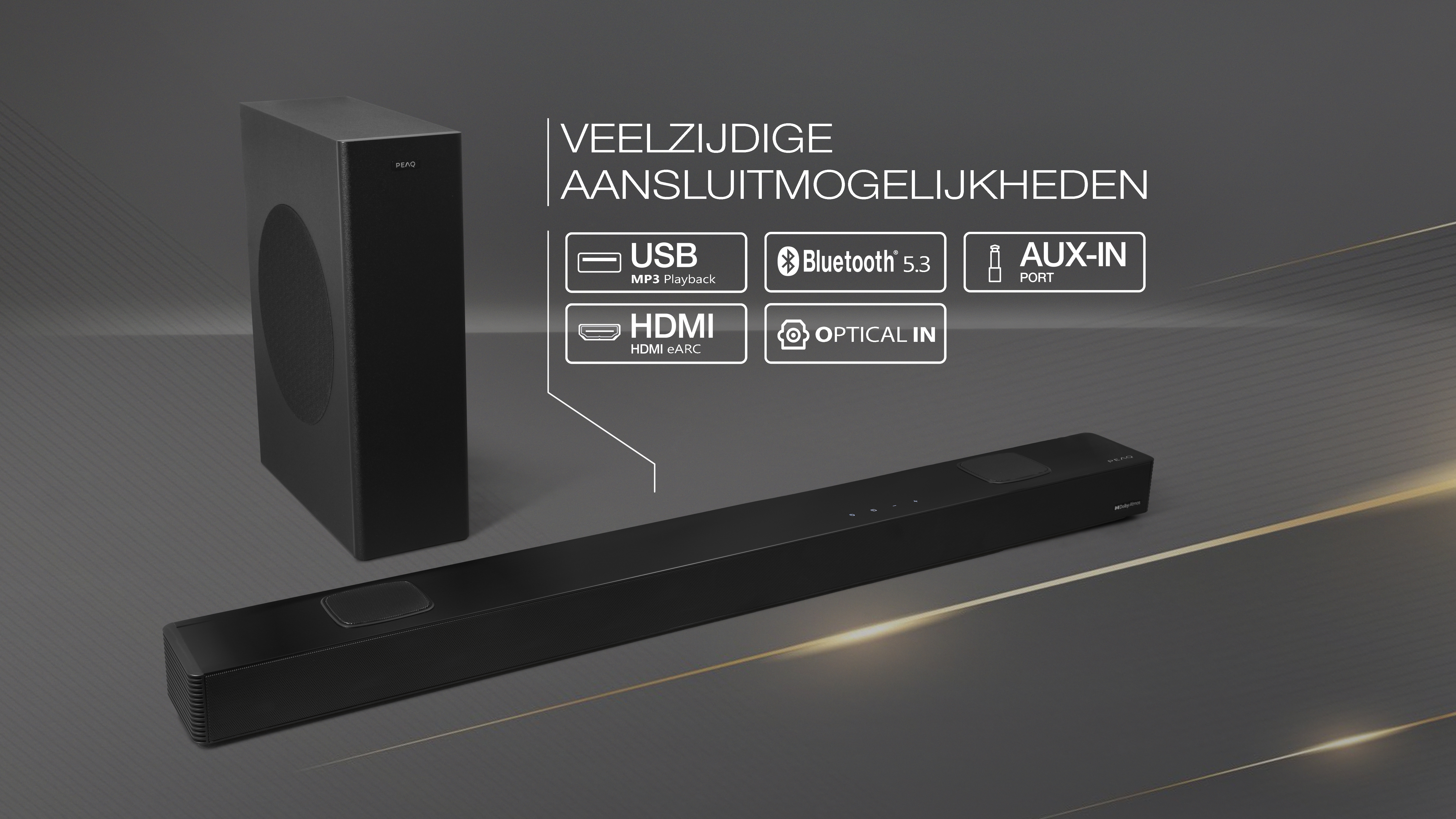 Schwarze Soundbar und Subwoofer. Anschlussmöglichkeiten: USB, Bluetooth, HDMI und optischer Eingang.