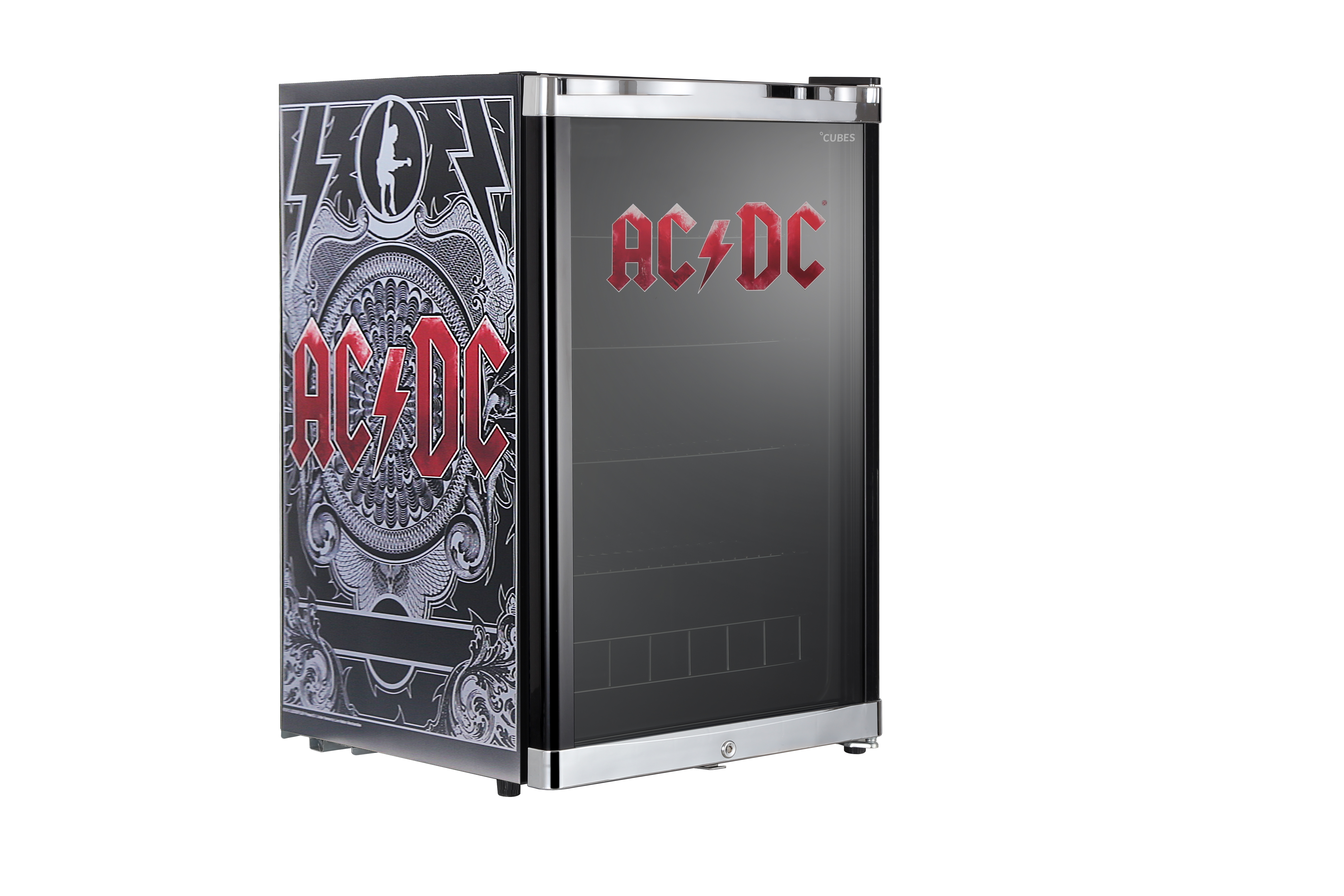 AC/DC-Minikühlschrank. Schwarzes und silbernes Design mit dem Logo der Band. Glastür mit Regalen innen.
