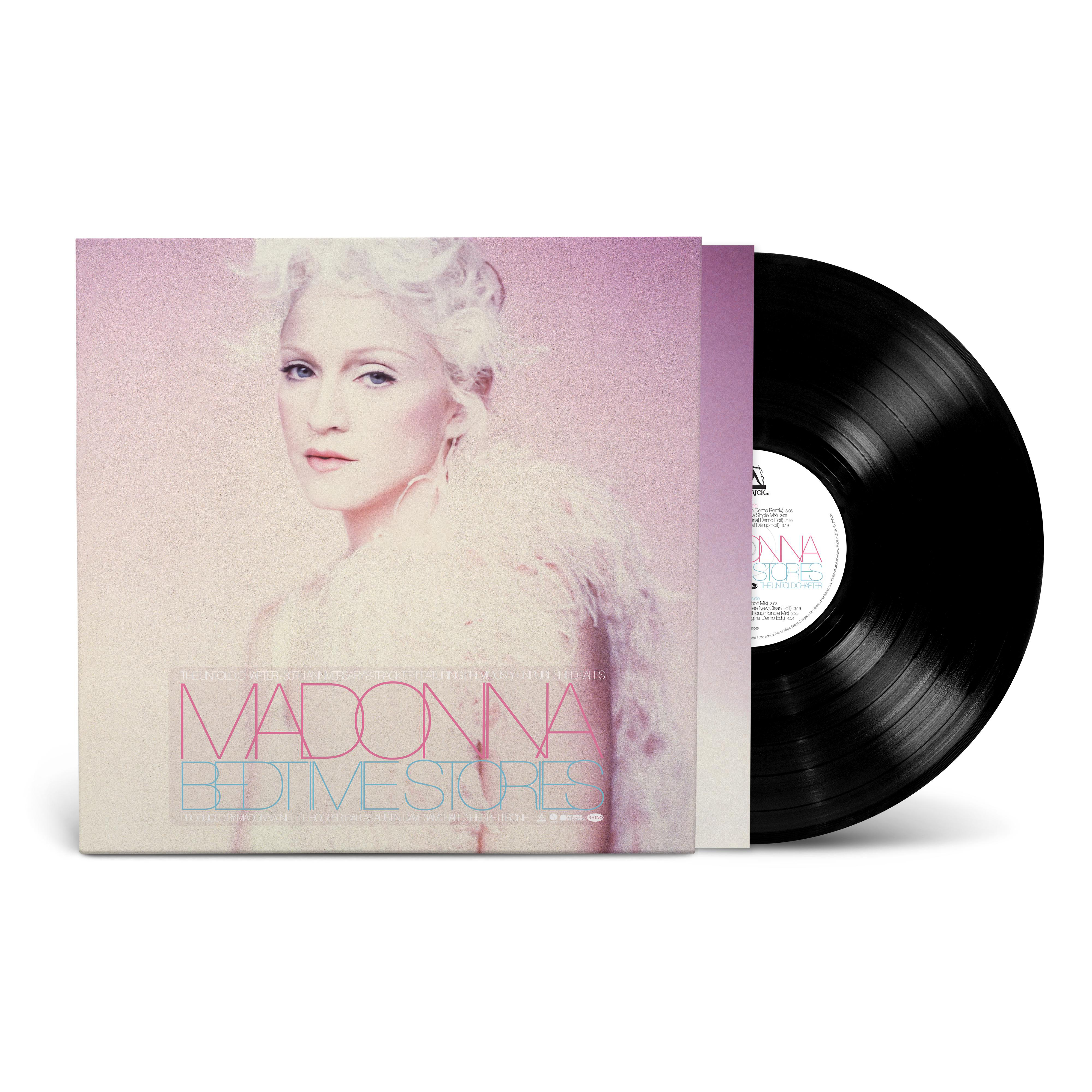 Cover von Madonnas Album 'Bedtime Stories'. Es zeigt Madonna mit blonden Haaren und einer Federboa, mit einer Schallplatte.