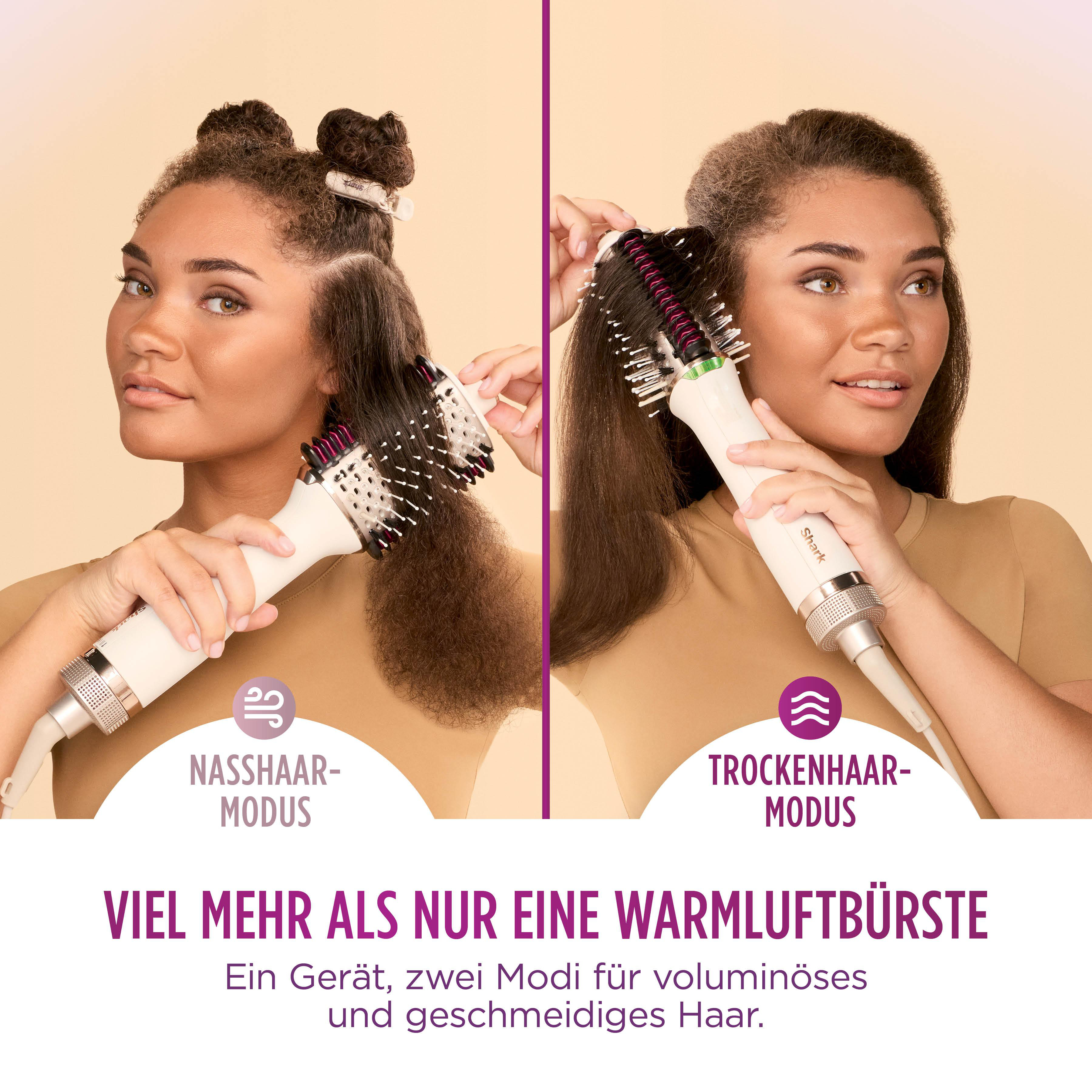 Das Bild zeigt eine Frau, die ein Shark-Haarstyling-Tool verwendet. Die linke Seite zeigt den Nasshaar-Modus, die rechte den Trockenhaar-Modus.
