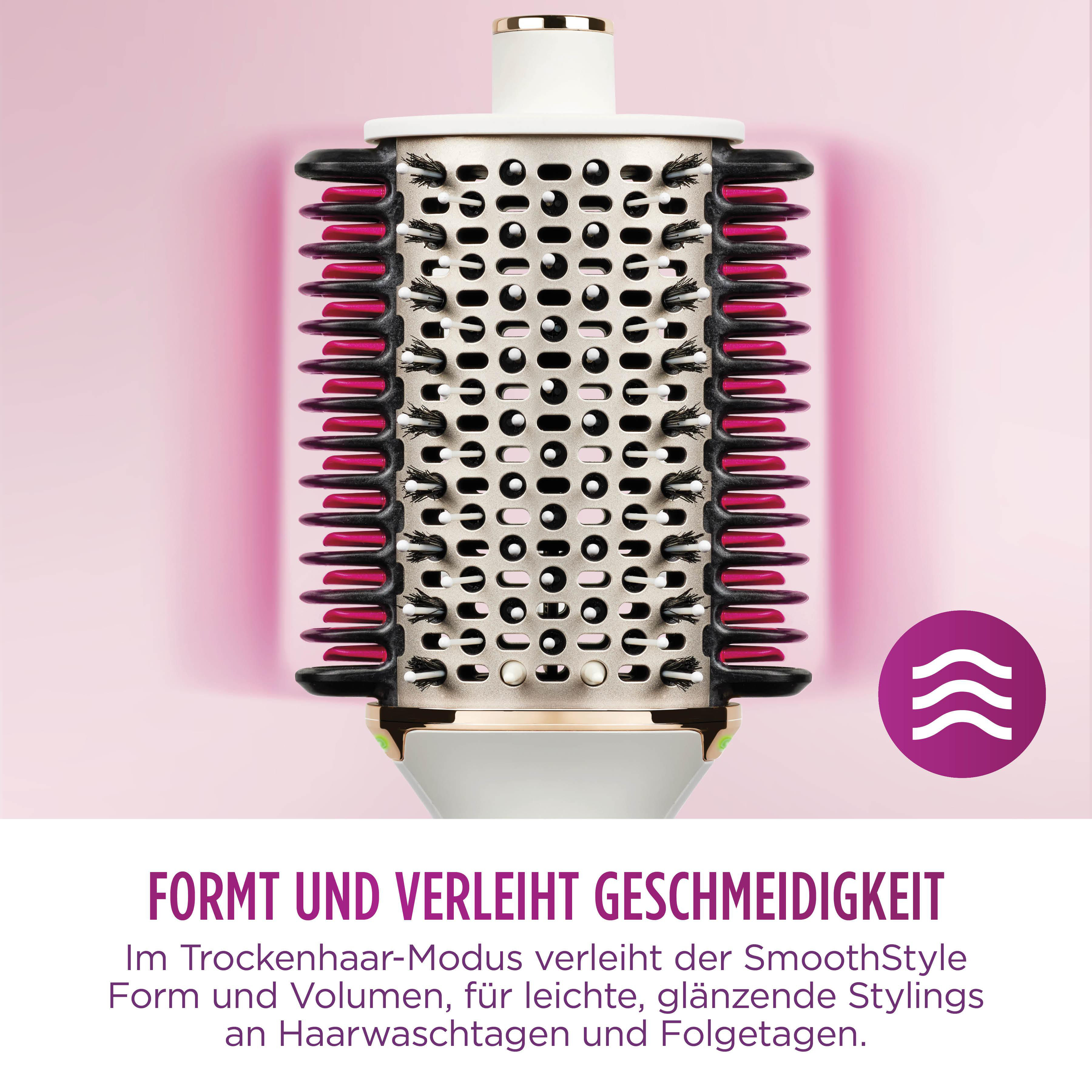 Haarstyling-Werkzeug mit rosa Akzenten, schwarzen Borsten und weißem Griff. Text: FORMT UND VERLEIHT GESCHMEIDIGKEIT.