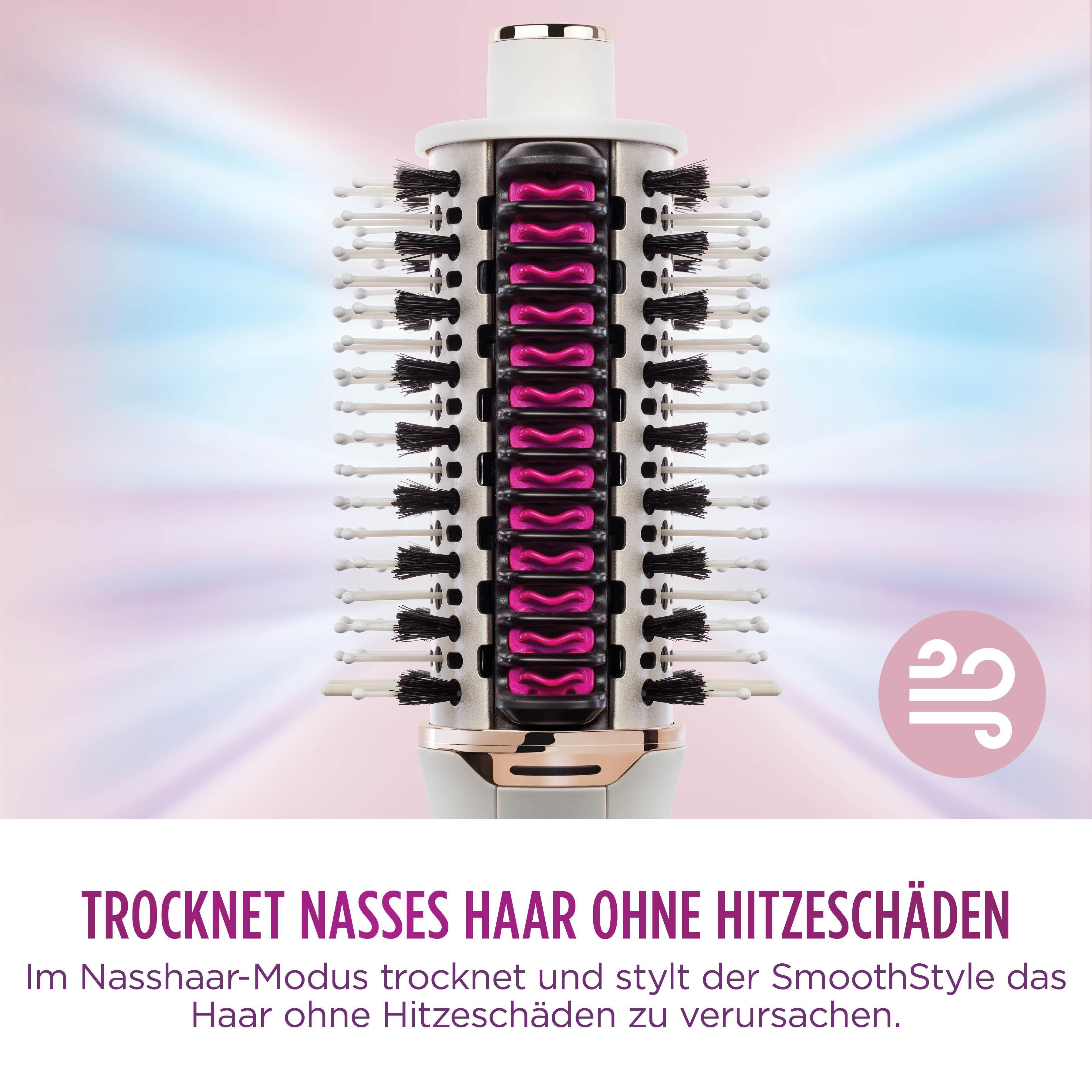 Haarstyling-Tool mit weißen und rosa Teilen. Text sagt, es trocknet nasses Haar ohne Hitzeschäden.