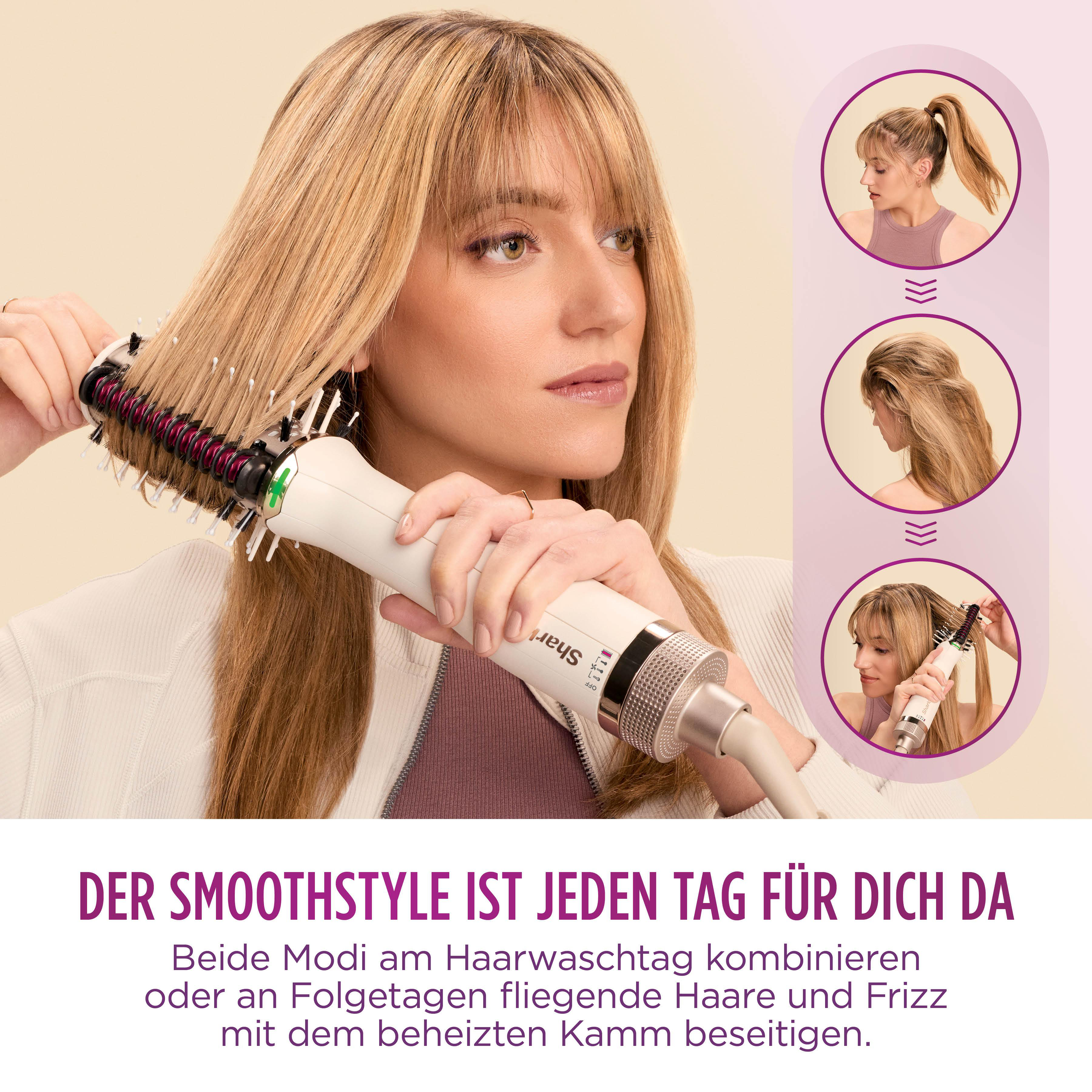 Eine Frau benutzt ein Haarstyling-Werkzeug. Das Bild zeigt das Werkzeug in Aktion mit dem Haar der Frau.