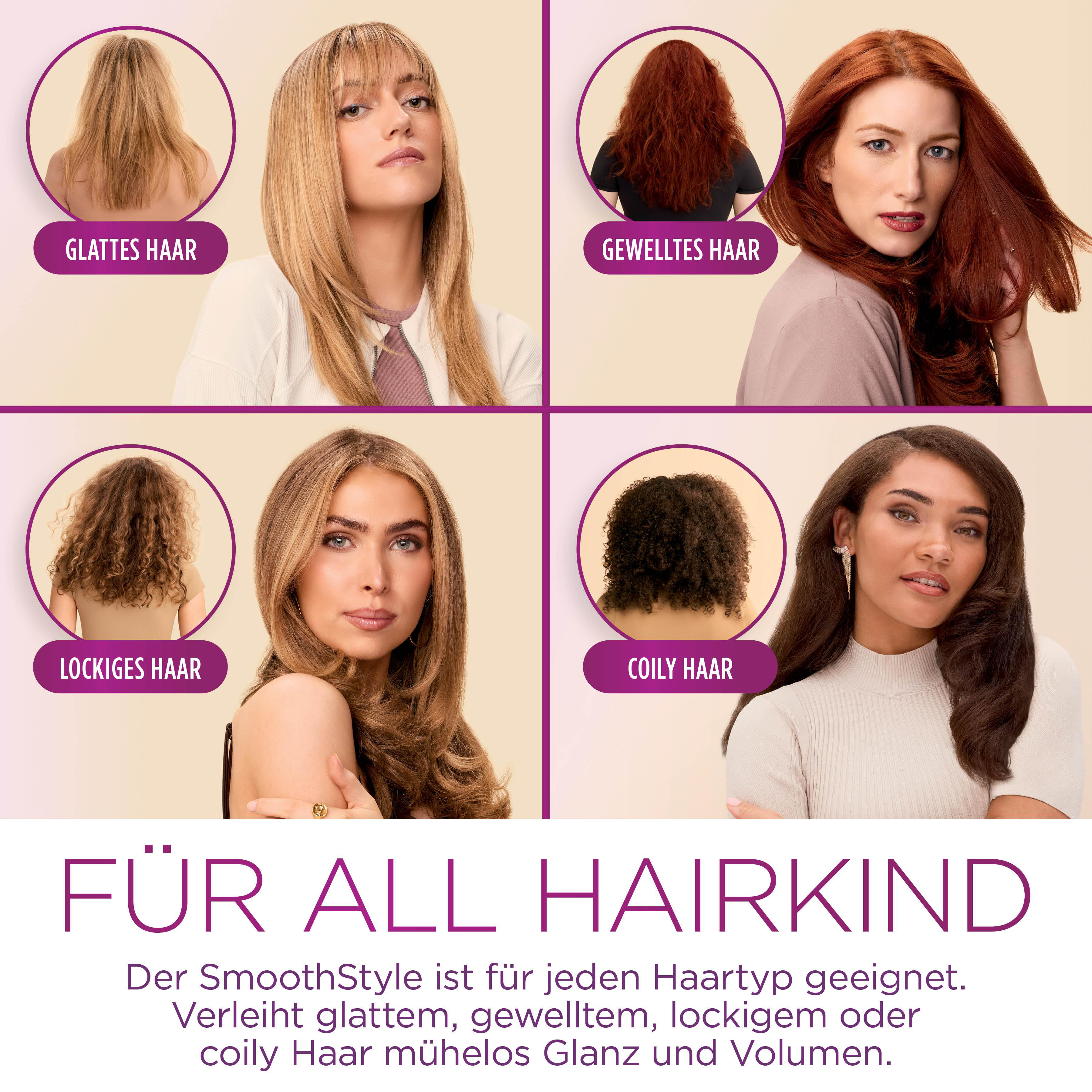 Das Bild zeigt vier Frauen mit verschiedenen Frisuren, einschließlich glattem, welligem, lockigem und krausem Haar, die ein Haarprodukt bewerben.