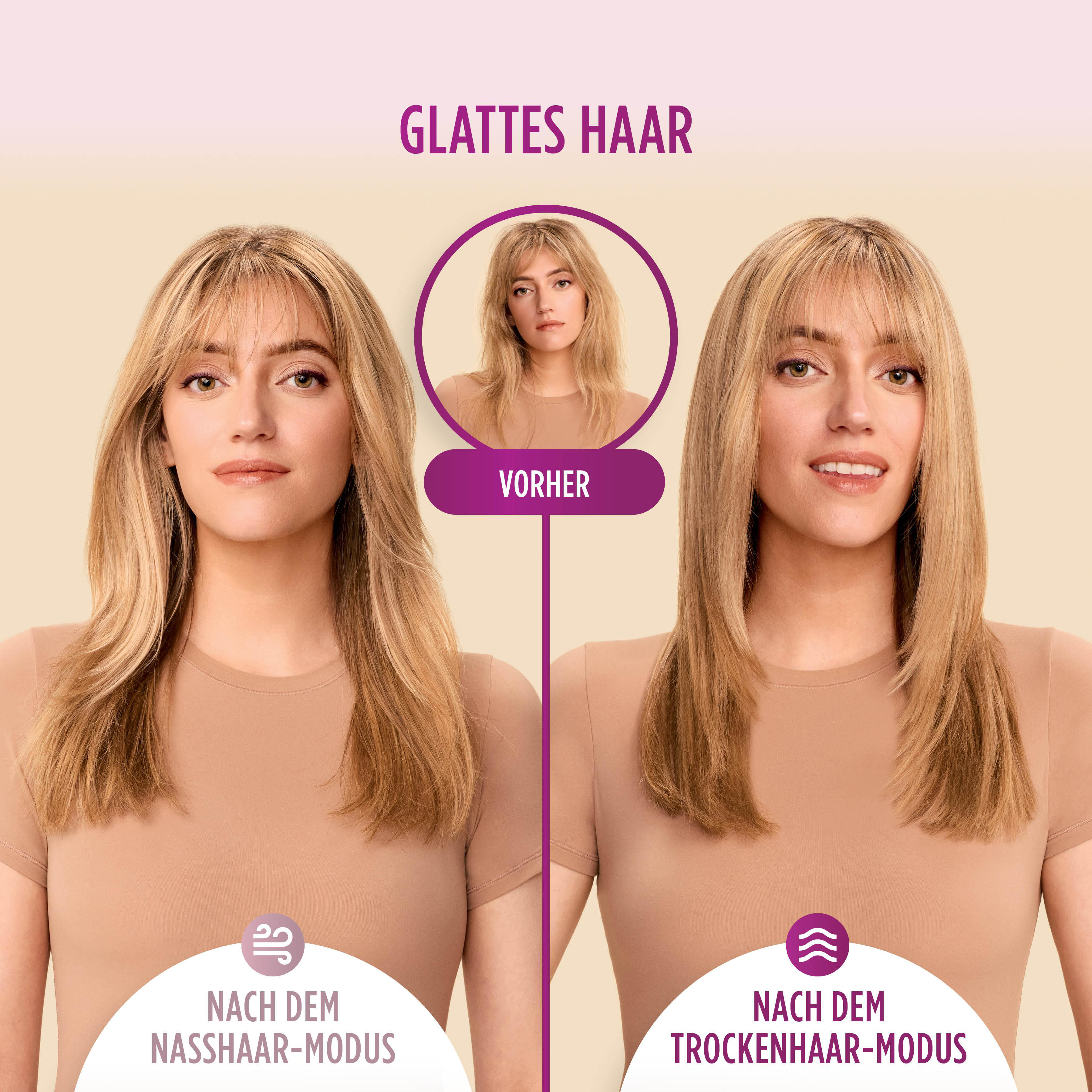 Das Bild zeigt eine Frau mit blonden Haaren. Links ist der Nasshaar-Modus, rechts der Trockenhaar-Modus. Ein Vergleich von Frisuren.