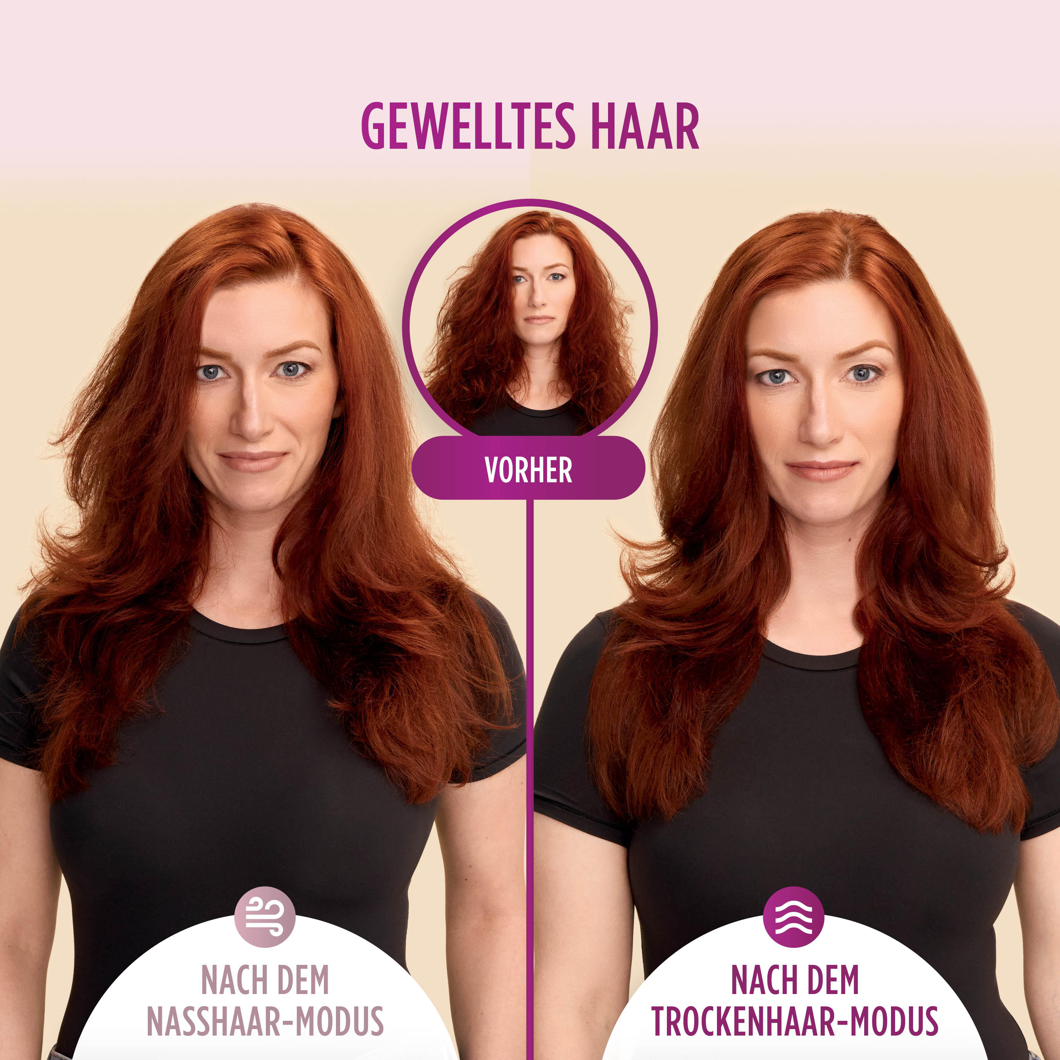 Das Bild zeigt eine Frau mit rotem Haar. Linke Seite: Wet-Hair-Look. Rechte Seite: Dry-Hair-Look. Mitte: vorher.