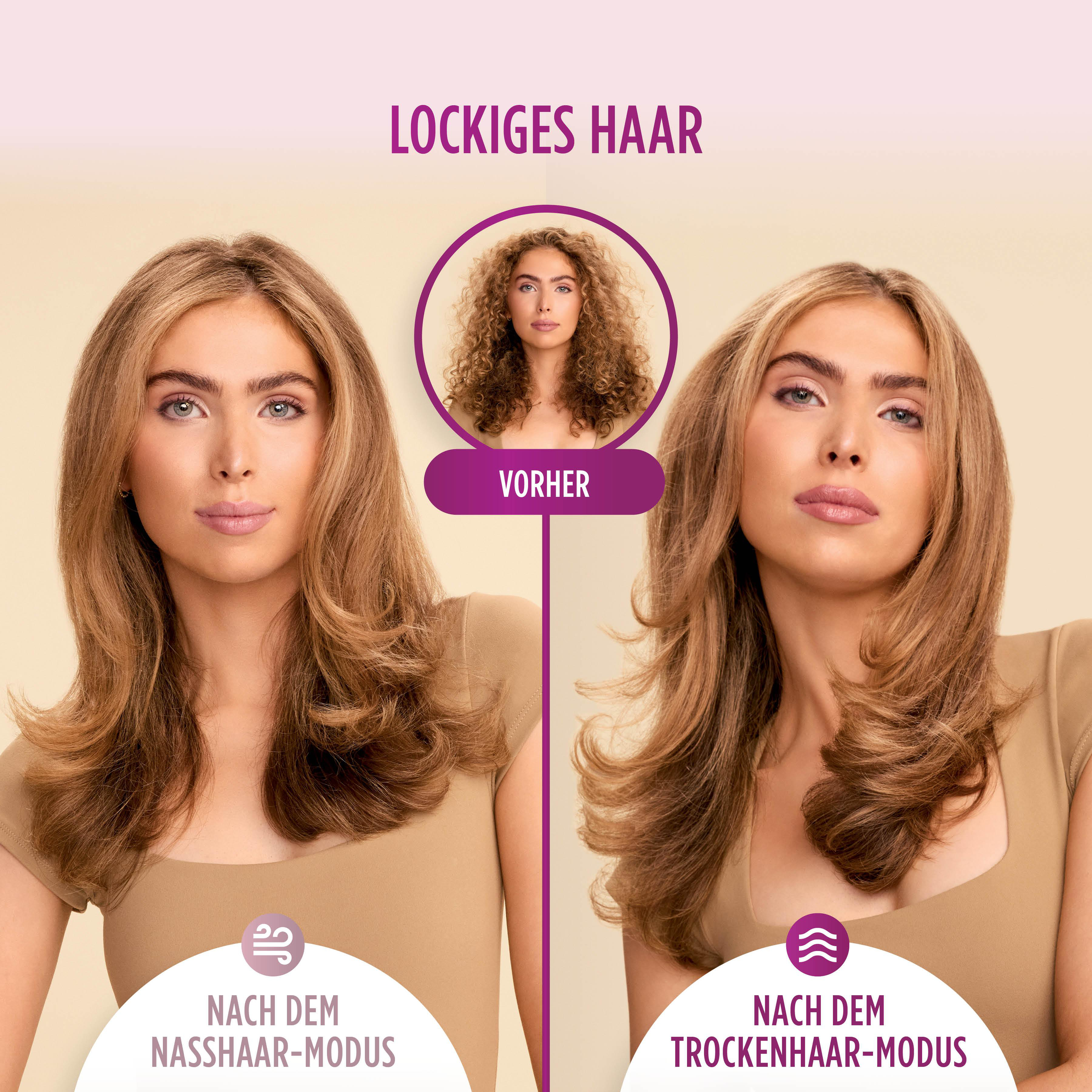 Das Bild zeigt einen Vorher/Nachher-Vergleich des Haarstils. Vorher zeigt lockiges Haar, nachher glattes Haar. Zwei Frauen.