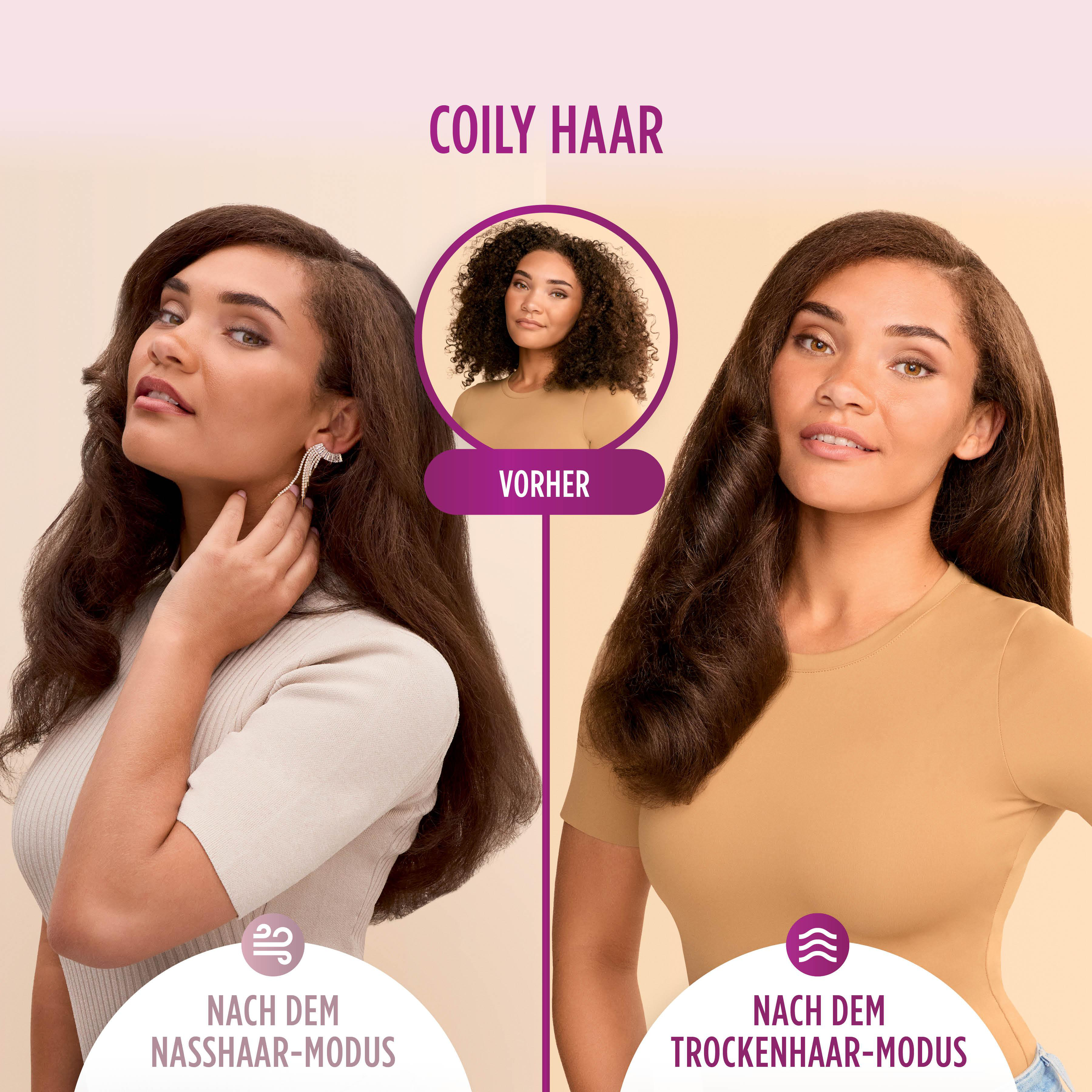 Das Bild zeigt einen Haarvergleich. Links: Nasshaar-Modus. Rechts: Trockenhaar-Modus. Mitte: Vorher-Haar.