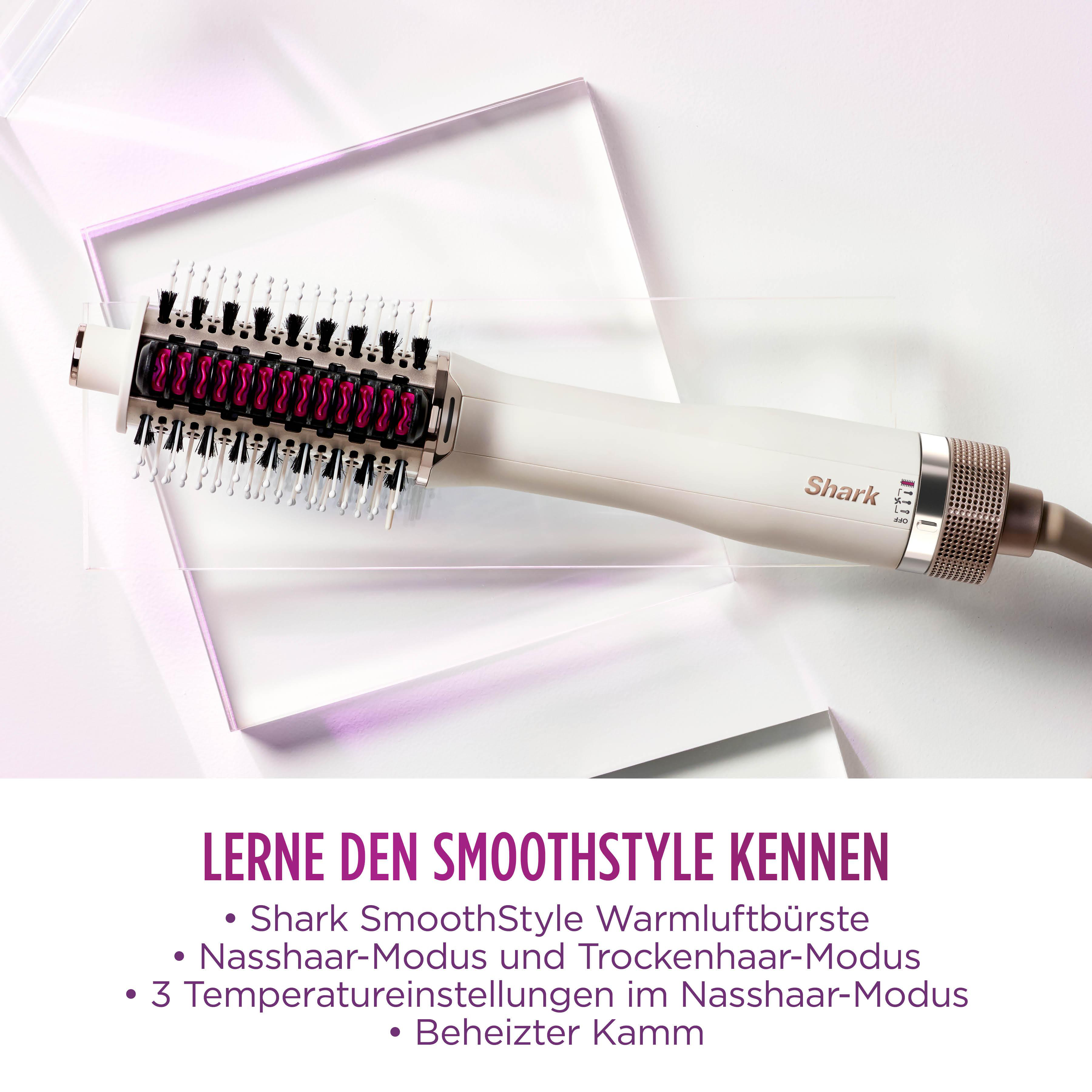 Ein Shark SmoothStyle Haarstyler auf einer transparenten Oberfläche. Text unten wirbt für das Produkt.