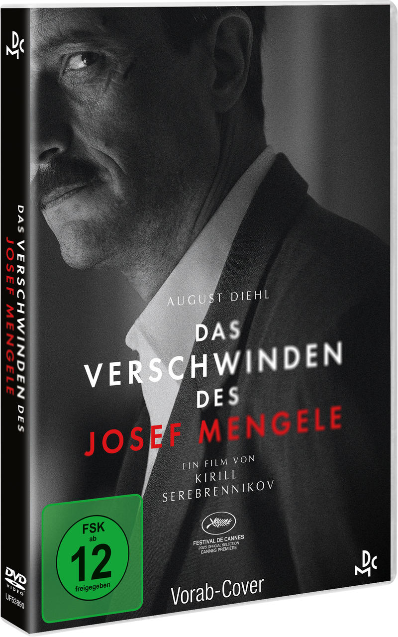 DVD-Cover für 'Das Verschwinden des Josef Mengele' mit August Diehl. Grünes Bewertungsschild, Filmtitel und Text in Weiß und Rot.