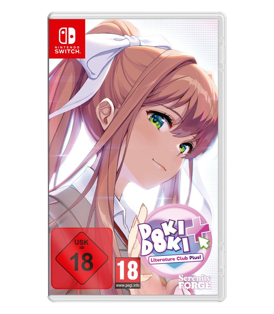 Nintendo Switch-Spielcover. Anime-Mädchen mit pinken Haaren und weißer Schleife. Titel: Doki Doki Literature Club Plus! Altersfreigabe: 18.