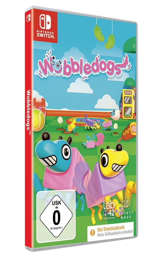 Wobbledogs-Spielbox. Zwei Hunde in Umhängen auf grünem Feld. Blauer Himmel mit Wolken und hängenden grünen Formen. 'Nintendo Switch'-Label.