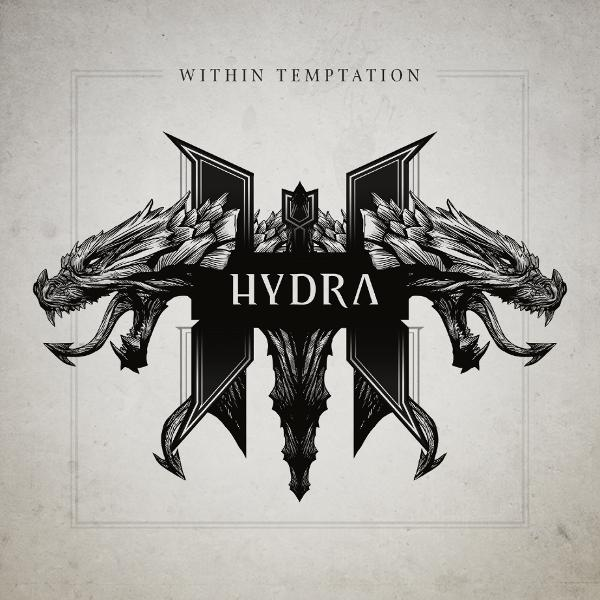 Albumcover mit zwei Drachenköpfen, die einander zugewandt sind. Das Wort "HYDRA" steht in der Mitte. "Within Temptation" steht oben.