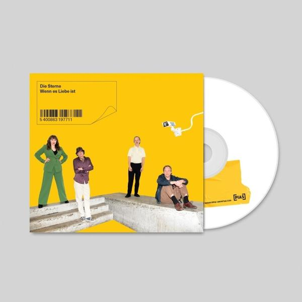 CD-Cover mit Bandmitgliedern auf einer Kante. Gelber Hintergrund, weiße CD. Text: Die Sterne, Wenn es Liebe ist.