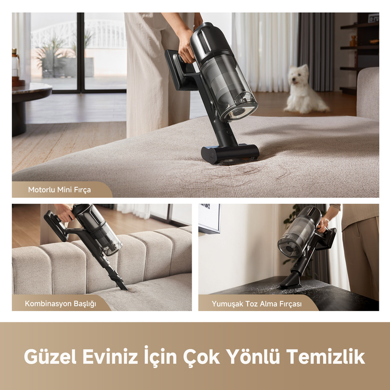 Bir kişi, siyah ve gri bir elektrikli süpürge ile bir kanepenin üzerini süpürüyor. Arka planda bir beyaz köpek kanepede oturuyor.