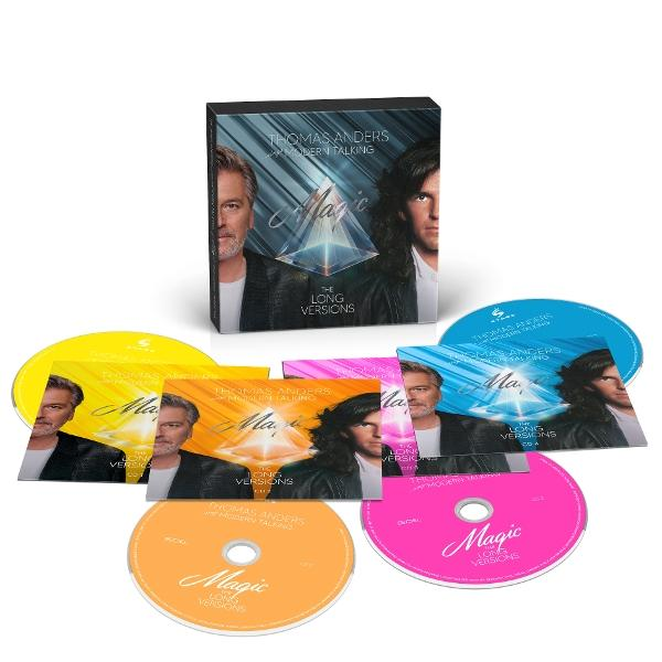 Albumset mit CDs und Booklet. Enthält Thomas Anders. Farben: schwarze Box, gelbe, orange, rosa und blaue CDs. Text: Magic, Long Versions.