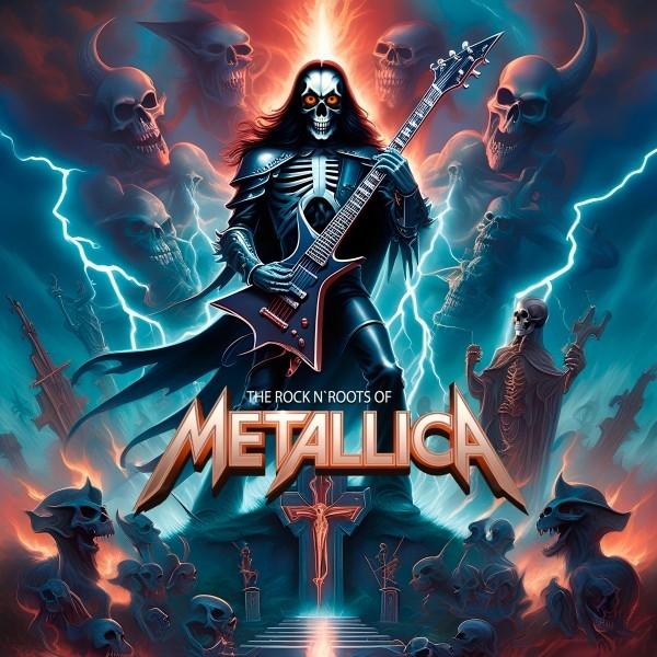 Eine Skelettfigur mit Gitarre steht vor Schädeln und Blitzen. Das Metallica-Logo erscheint unter einem Kreuz.